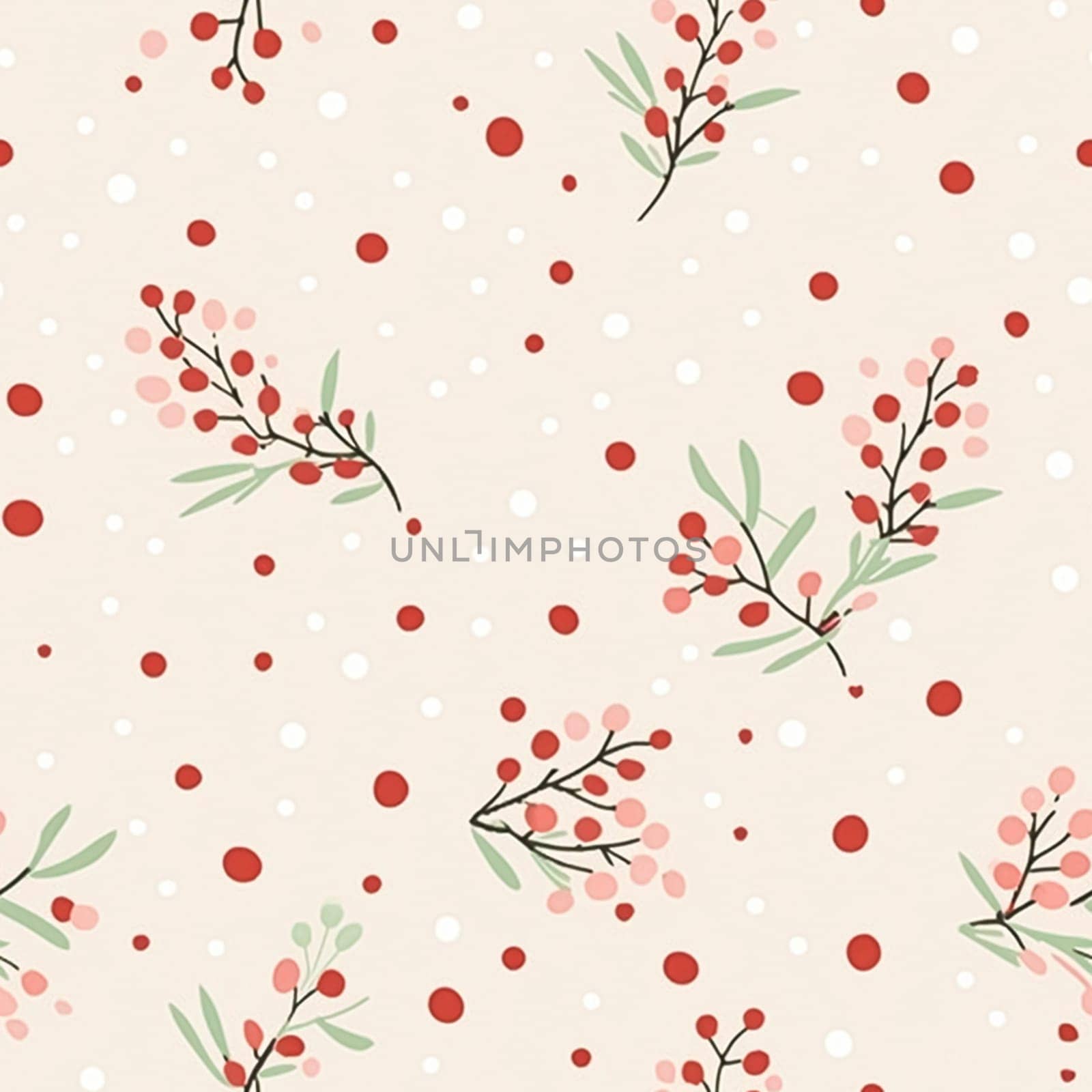 Seamless pattern, tileable modern botanical Christmas holiday, country berry dots print for wallpaper, wrapping paper, scrapbook, fabric and product design motif
