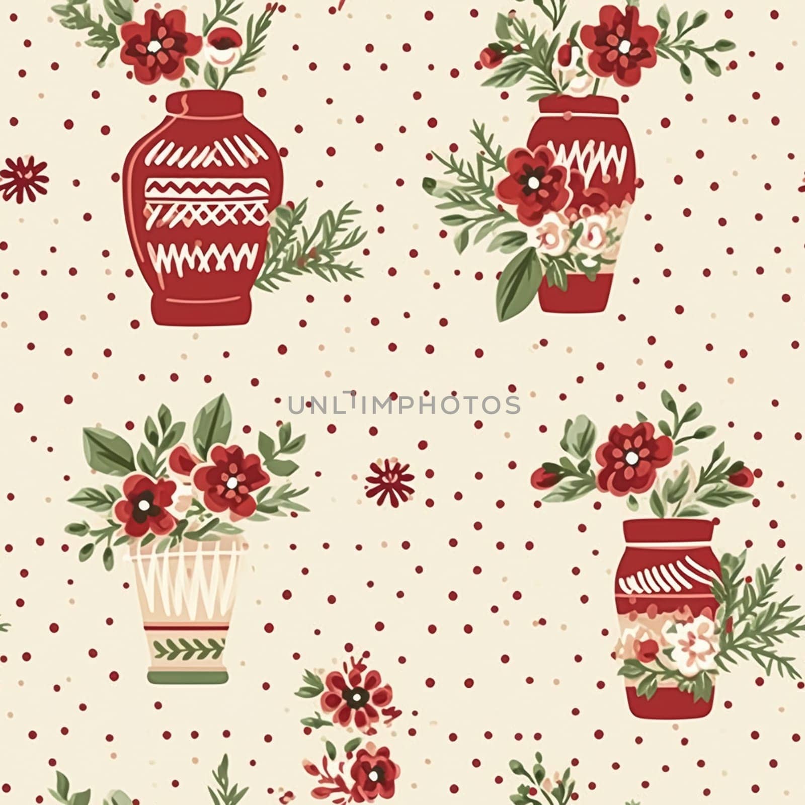 Seamless pattern, tileable holiday flowers in vase, country dots print for wallpaper, wrapping paper, scrapbook, fabric and product design motif