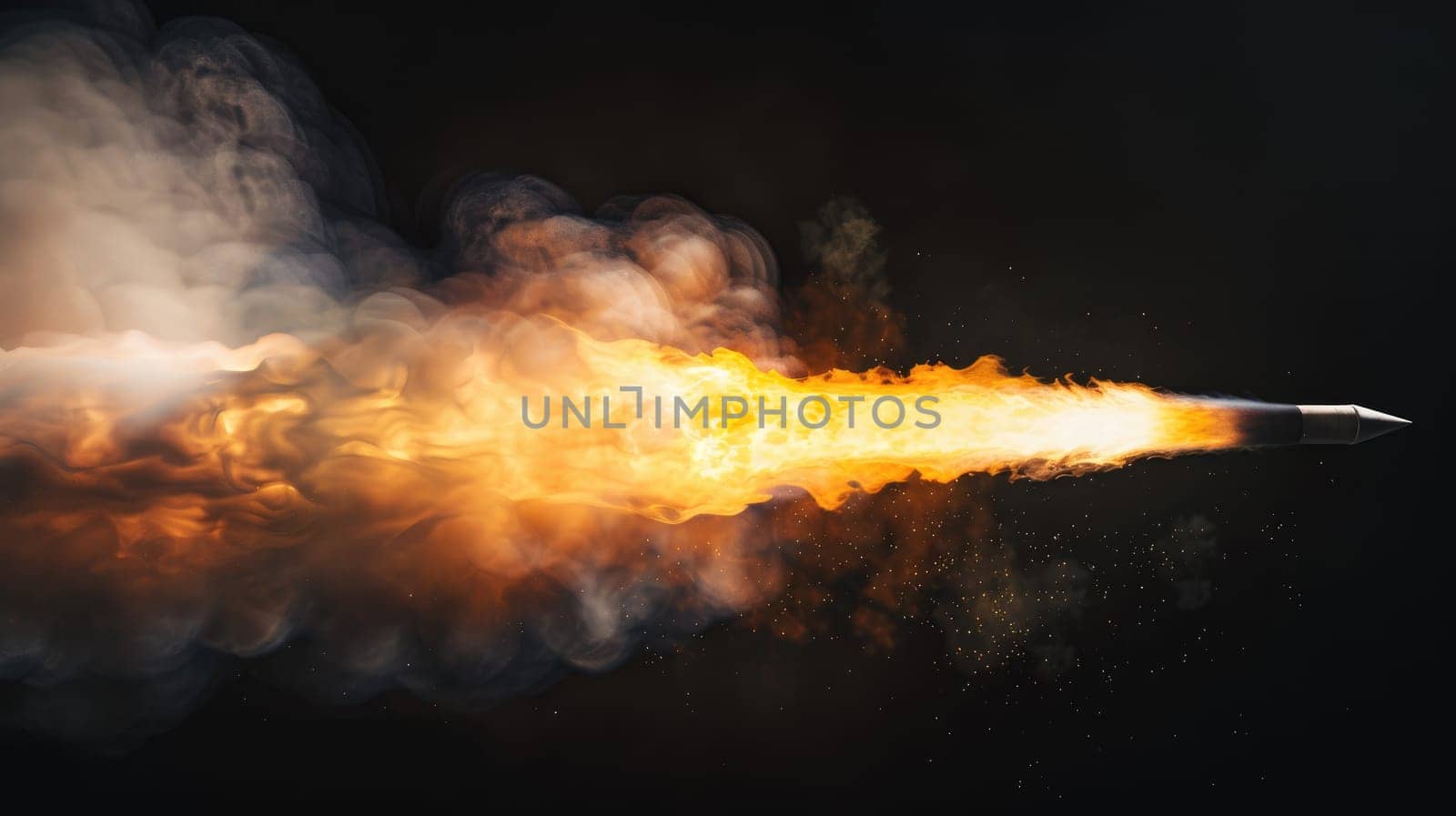 Fire and smoke from a rocket engine on a black background by nijieimu