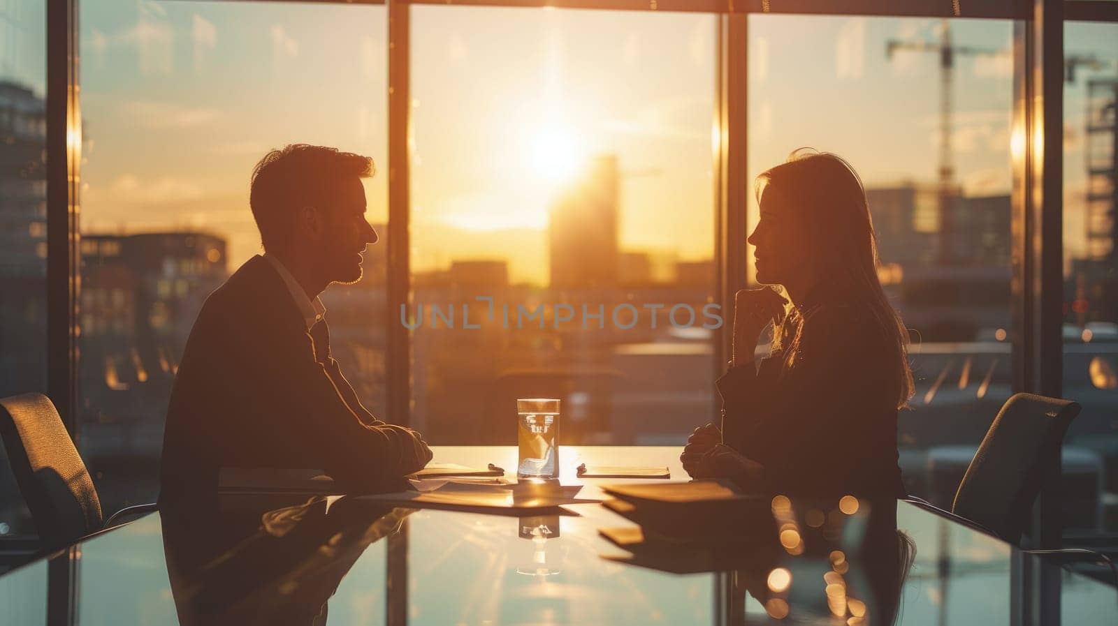 An interview scenario where a candidate and an interviewer engage in a conversation across a sleek office desk.