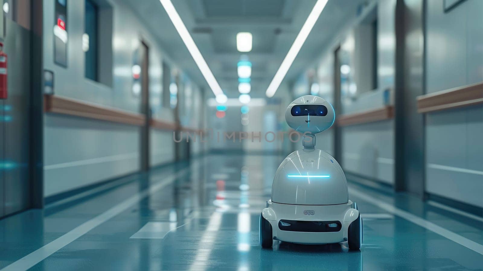 A healthcare robot in a modern hospital corrido, Automation for improved patient care.