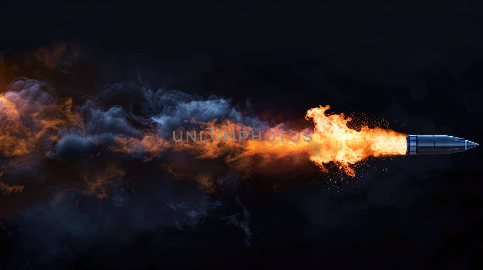 Fire and smoke from a rocket engine on a black background by nijieimu
