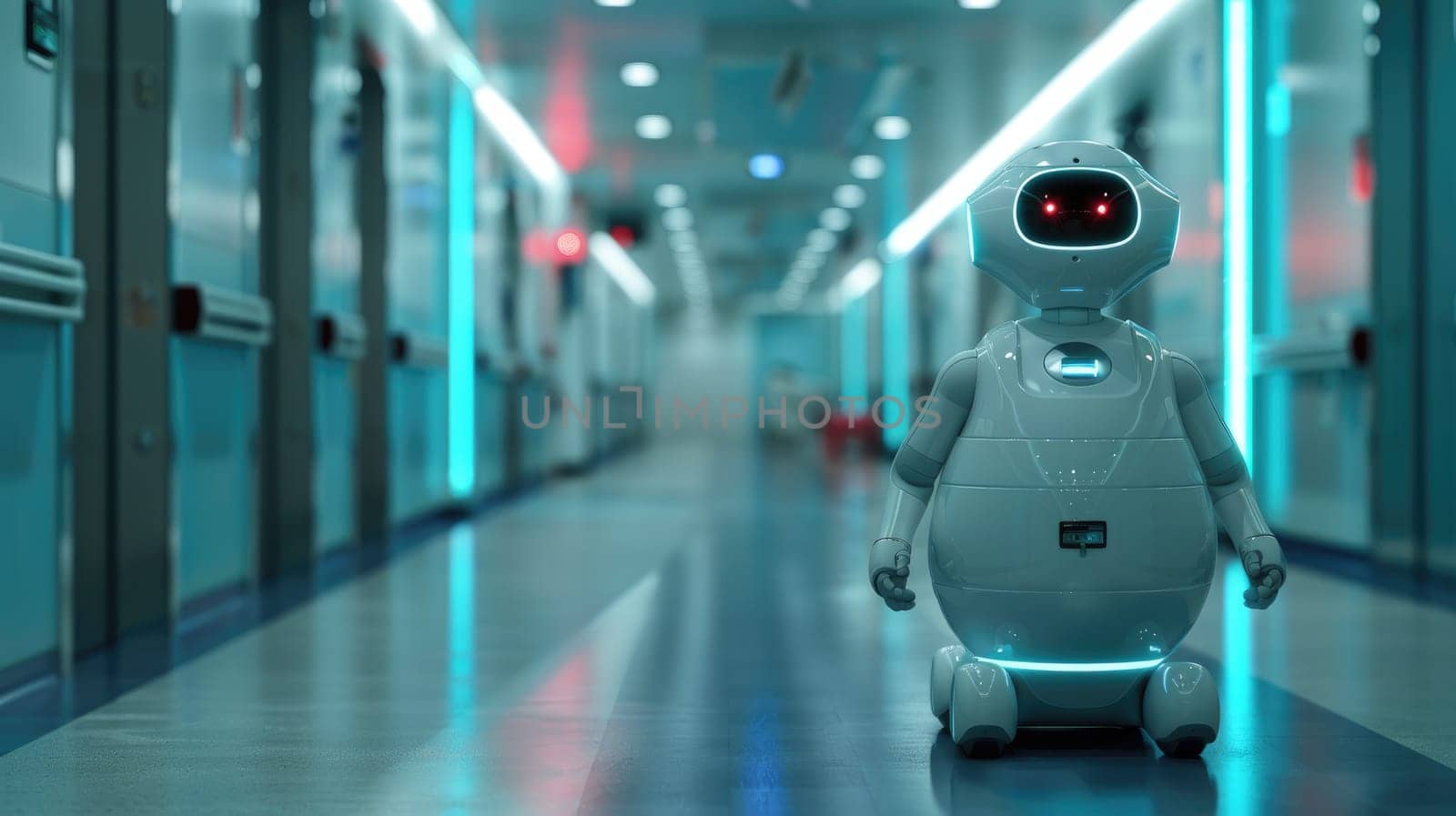 A healthcare robot in a modern hospital corrido, Automation for improved patient care.
