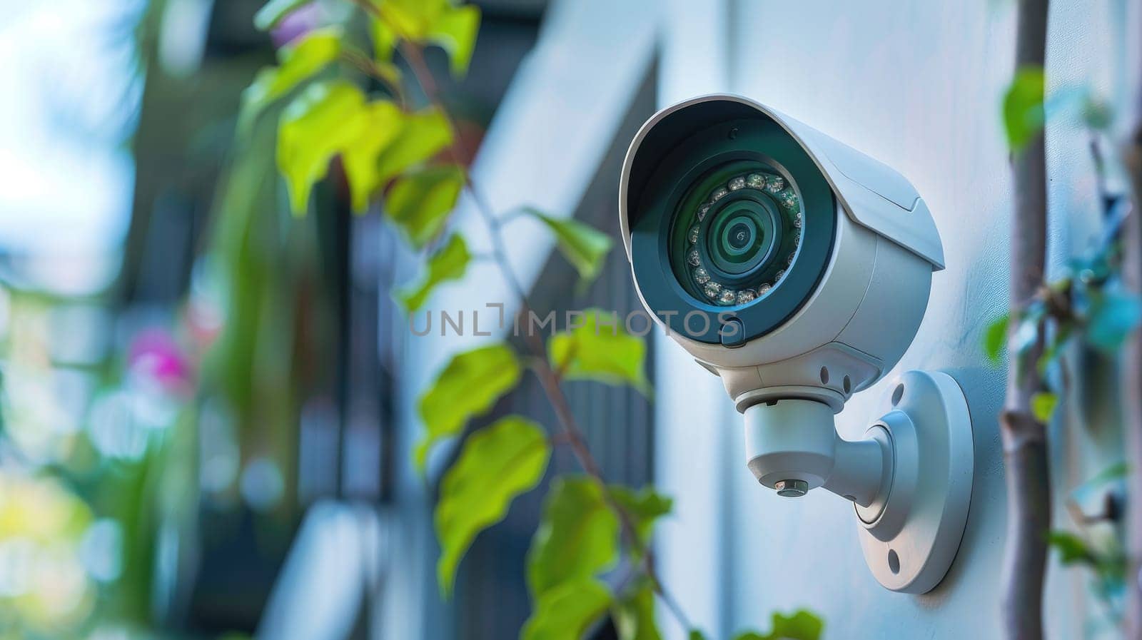 A security camera is mounted on a wall next to a green plant, Home security and Smart home concept by nijieimu