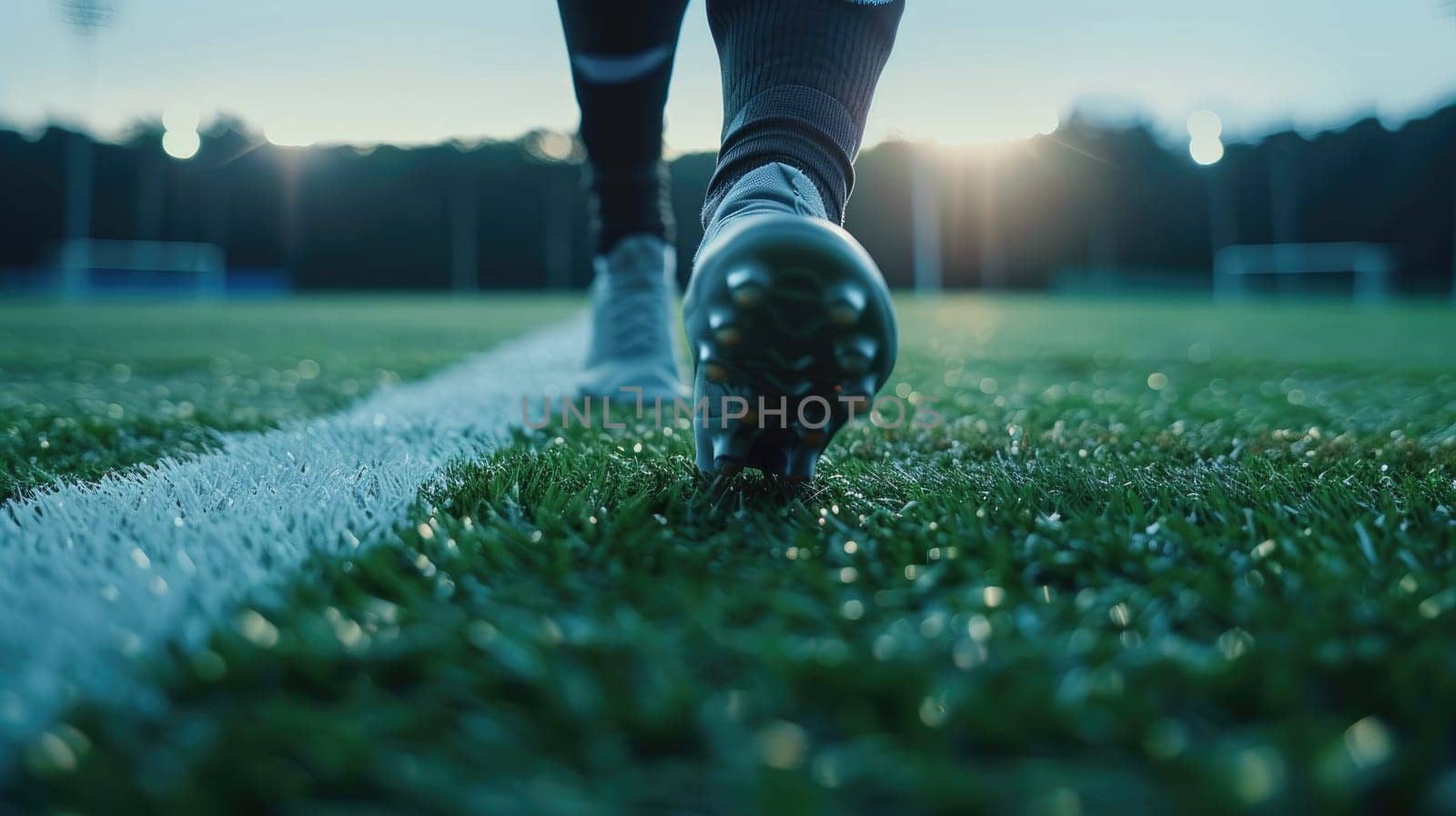 A athlete's feet in soccer shoes in the stadium, Soccer player feet standing on the green grass at stadium.