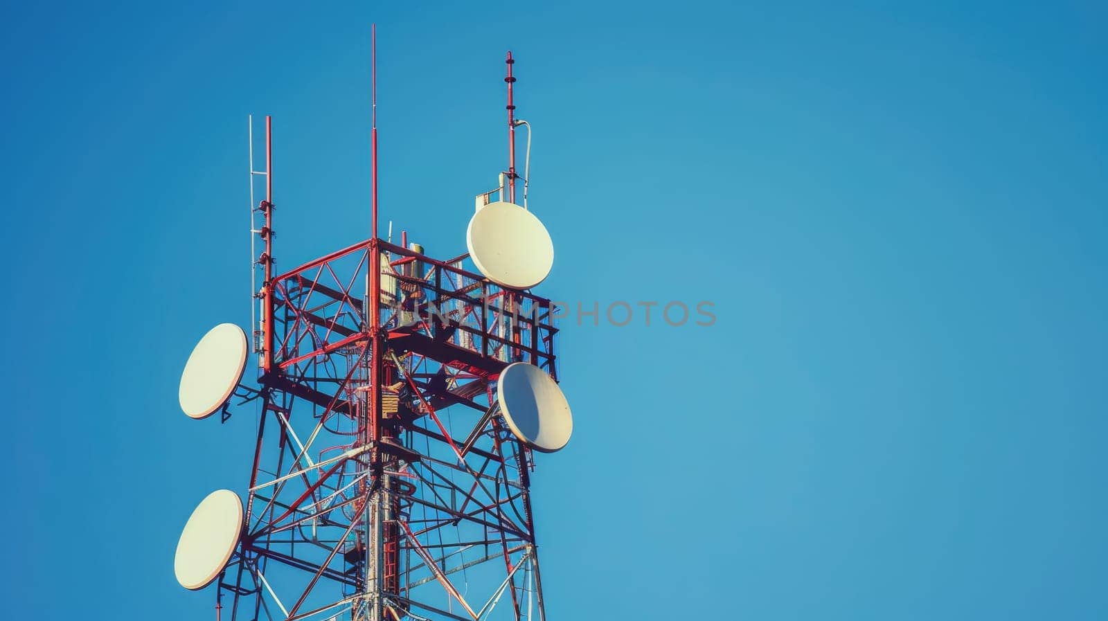 A tall modern communications tower, A signal modern tower with clear blue sky background by nijieimu