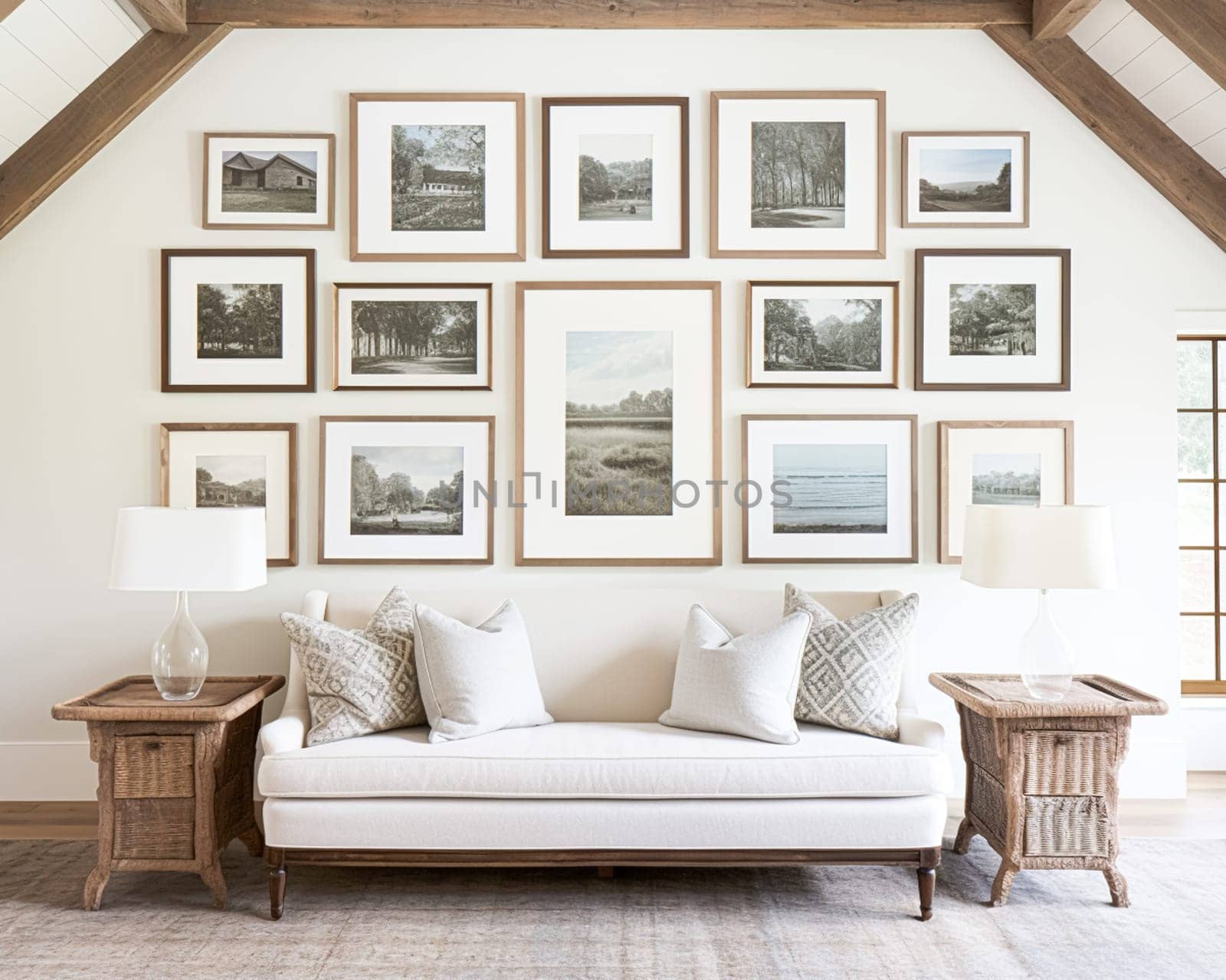 Gallery wall, home decor and wall art over sofa, framed art in modern English country cottage sitting room interior, living room for diy printable artwork and print shop idea