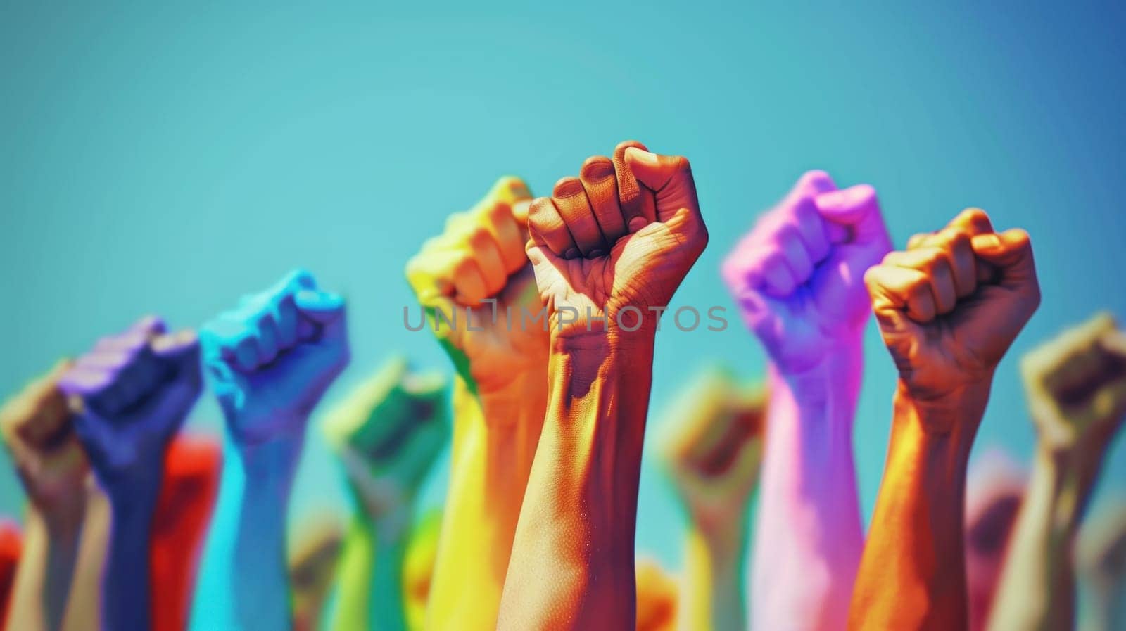 A group of people are holding up their hands in a fist. Pride day concept by golfmerrymaker