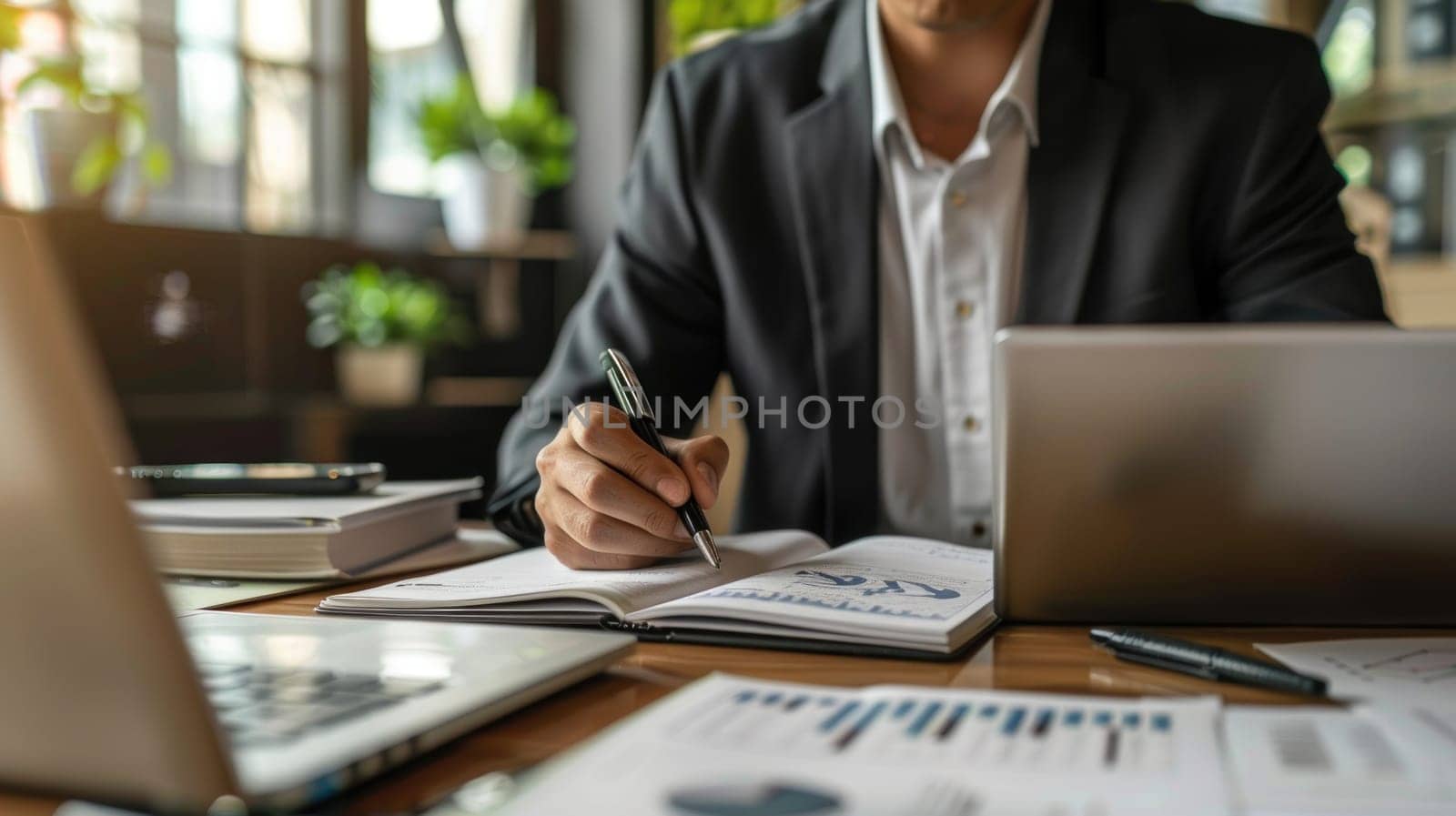 A man is writing on a piece of paper with a pen.
