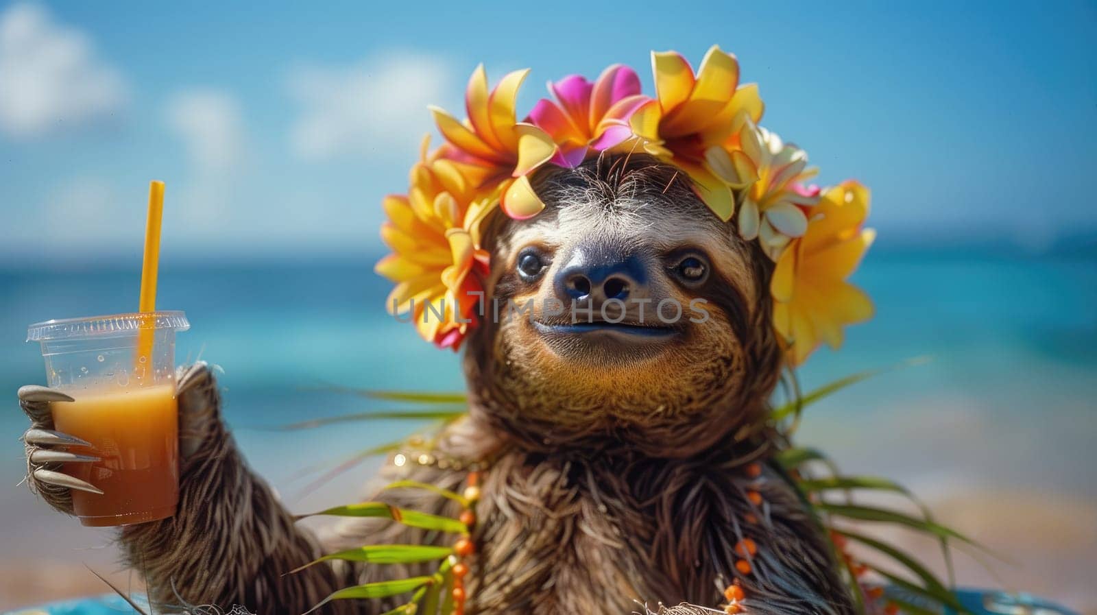 Summer background, A Sloth with hawaiian costume tropical palm and beach background, Generative AI by nijieimu