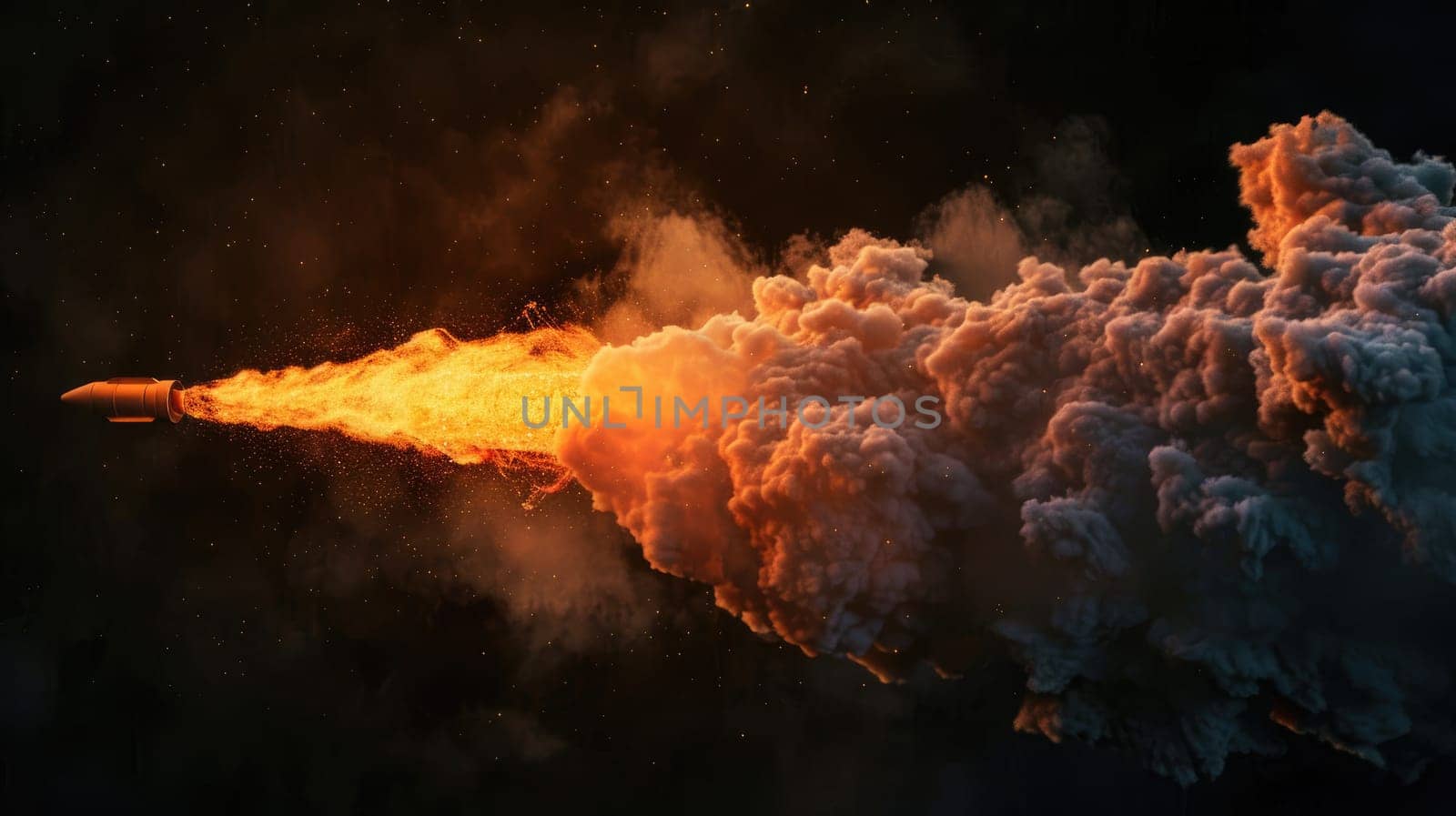 Fire and smoke from a rocket engine on a black background.