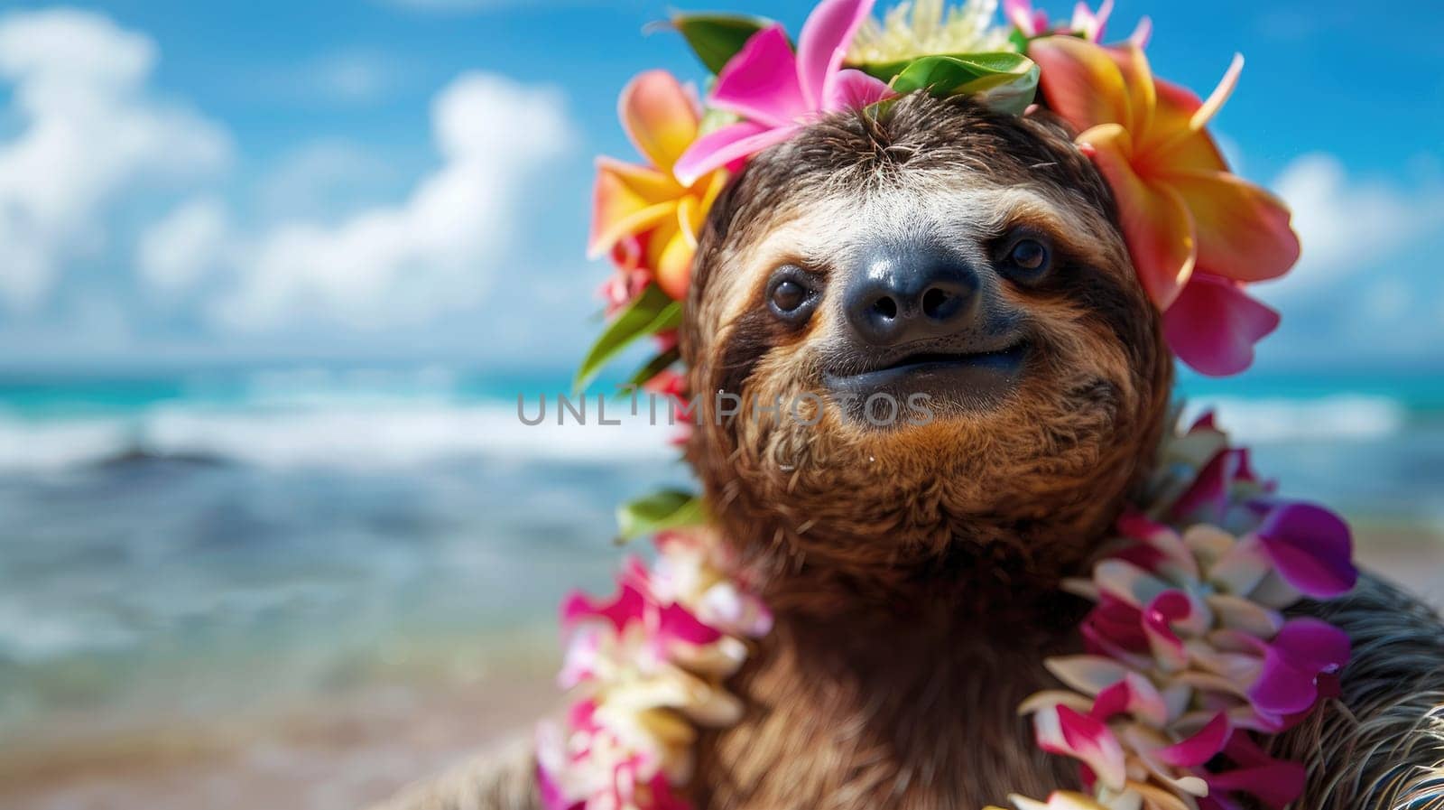 Summer background, A Sloth with hawaiian costume tropical palm and beach background, Generative AI.