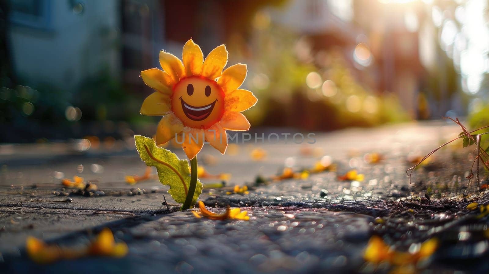 A smiling flower is surrounded by flowers and leaves on the cracked road.