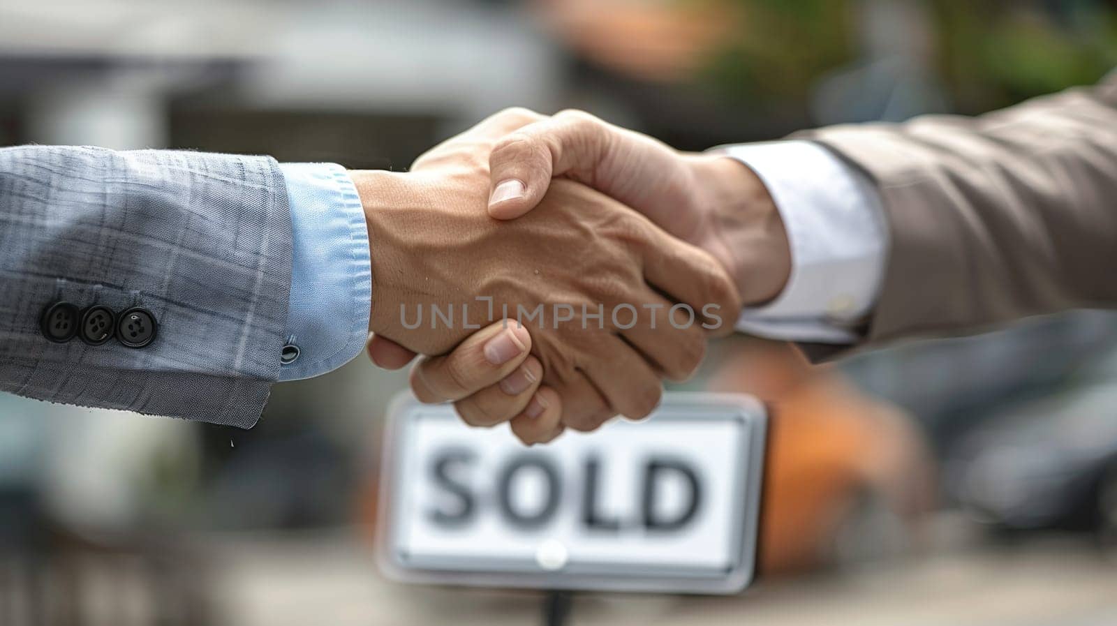 Two men shaking hands over a signed document that says Sold.
