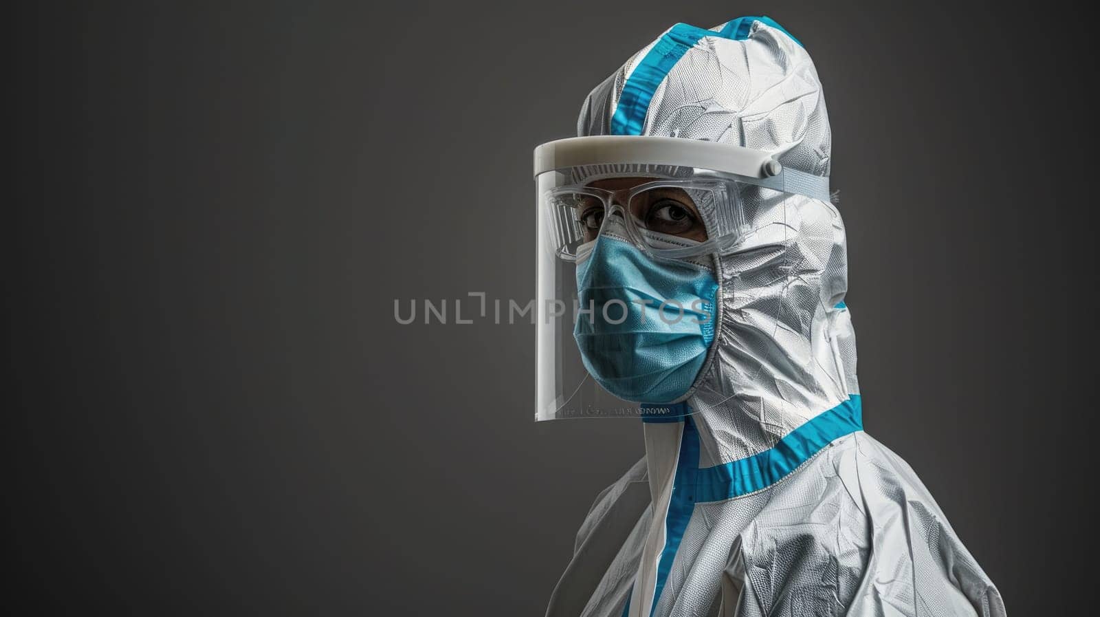 A medical worker in full personal protective gear, Confident medical professional. Medical theme.