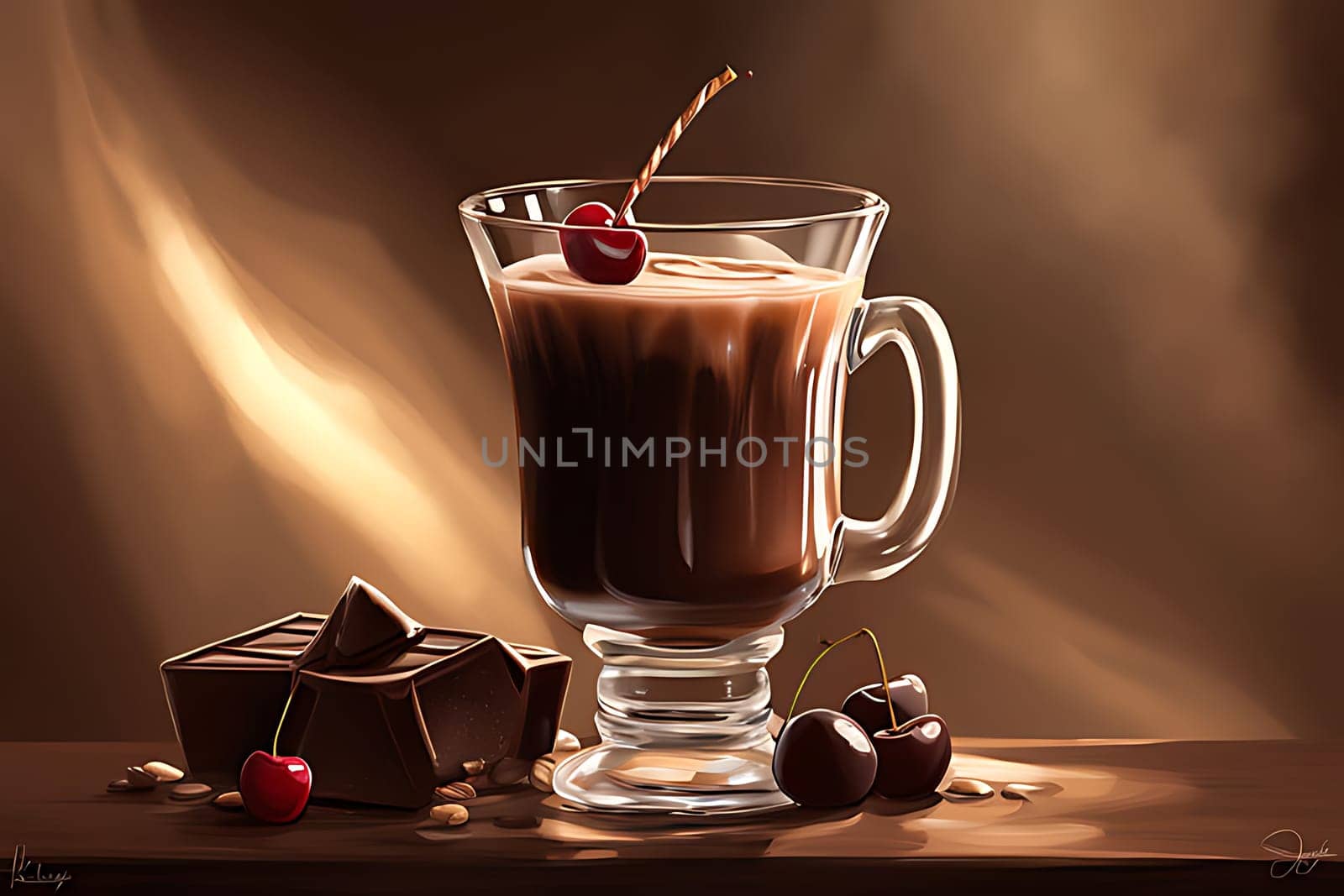 A glass of chocolate drink with cherries and chocolate bars. High quality photo