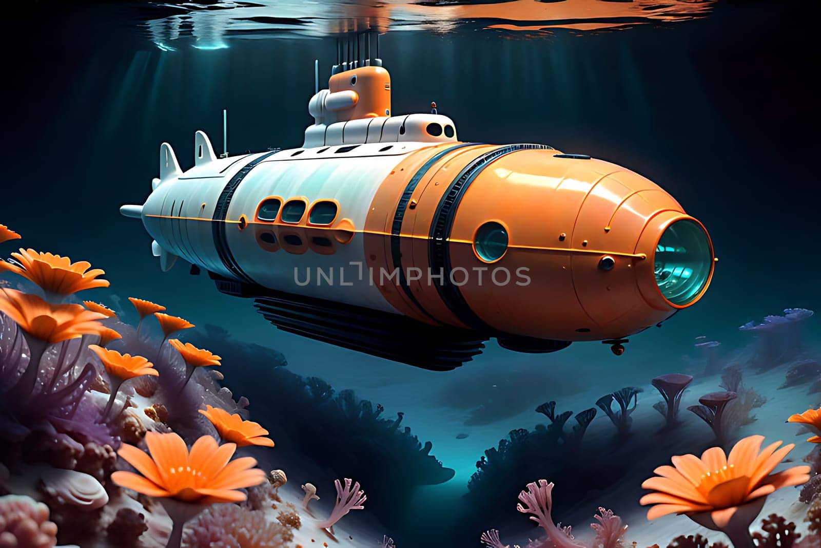 A submarine under water with orange flowers. High quality photo