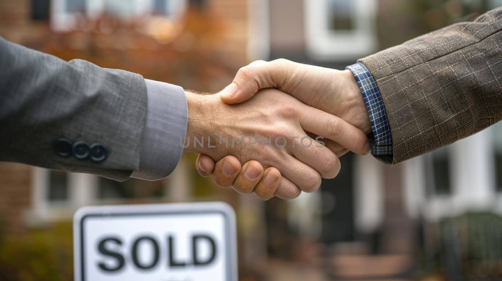 Two men shaking hands over a signed document that says Sold.