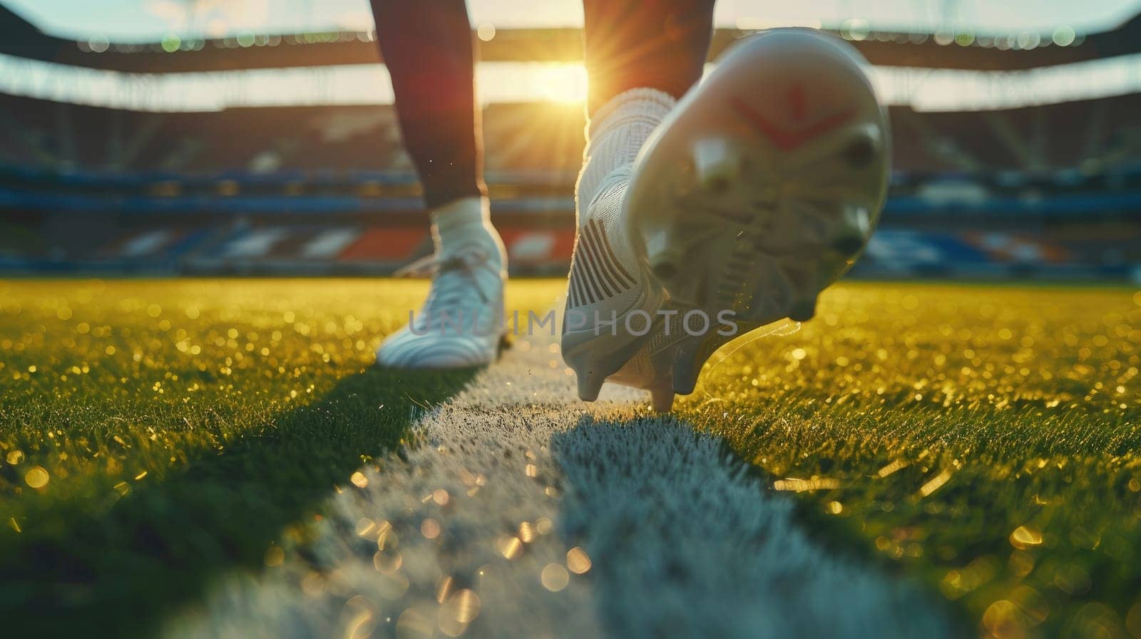 A athlete's feet in soccer shoes in the stadium, Soccer player feet standing on the green grass at stadium.