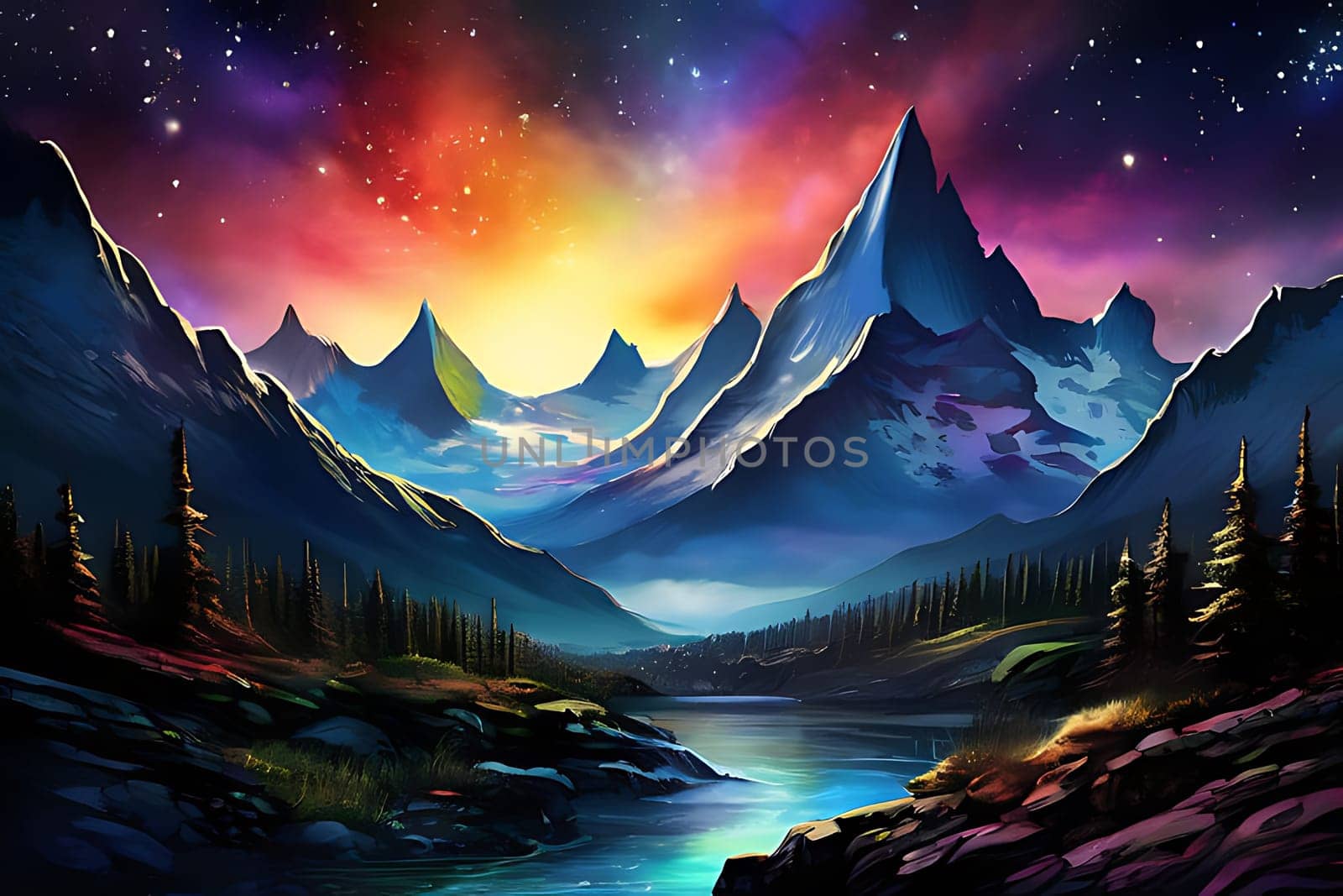 A mountain range with snow and colorful sky. High quality photo