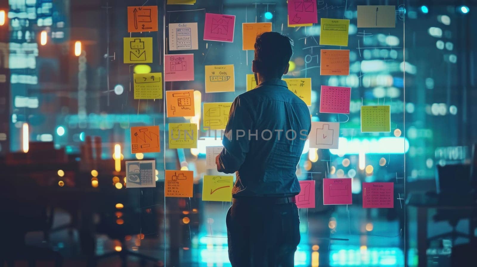 A man is looking at a wall covered in colorful sticky notes.