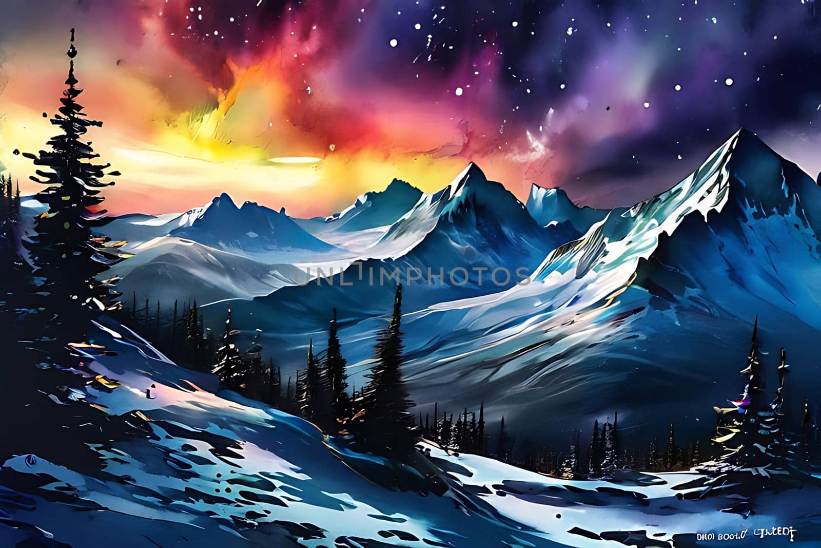 A mountain range with snow and colorful sky. High quality photo