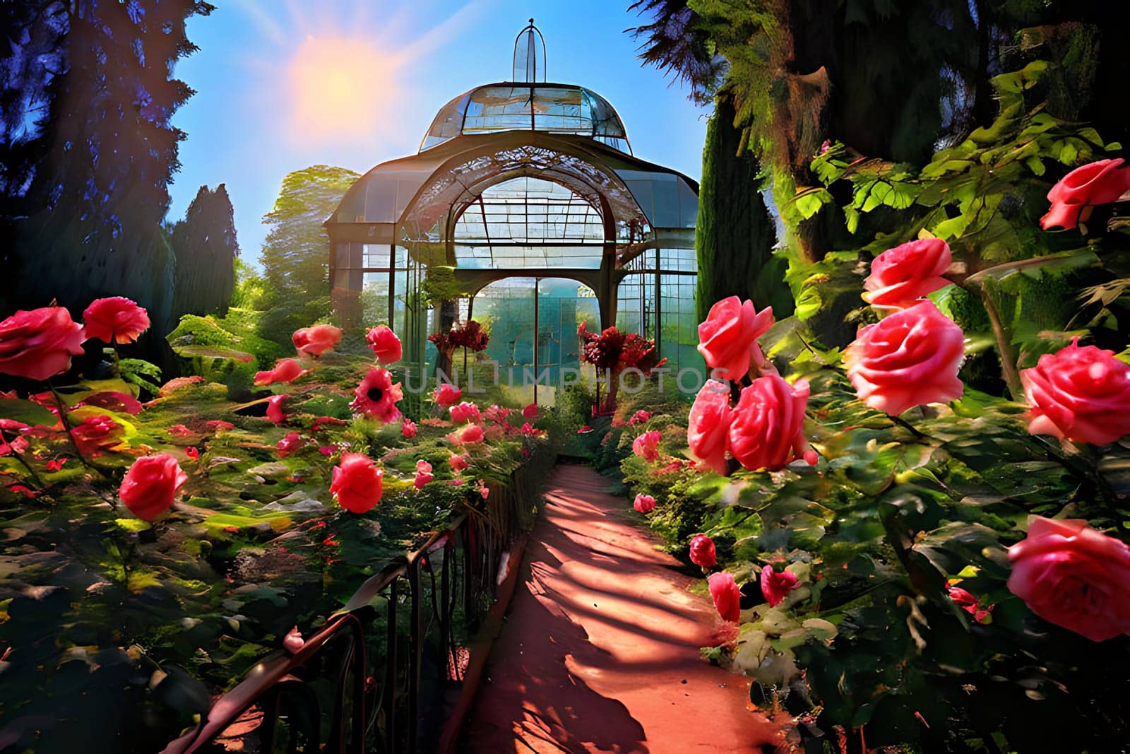 A garden with roses and a glass roof. High quality photo