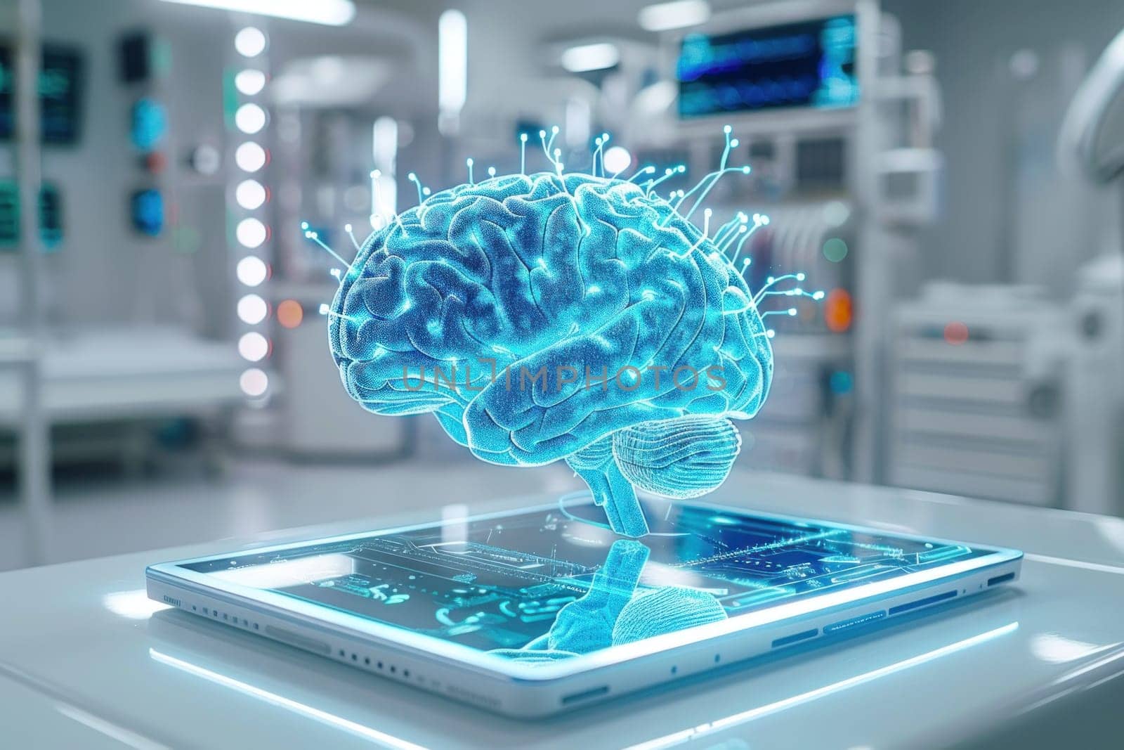 A bright, minimalistic setting featuring a large tablet displaying a vibrant blue holographic 3D brain by golfmerrymaker