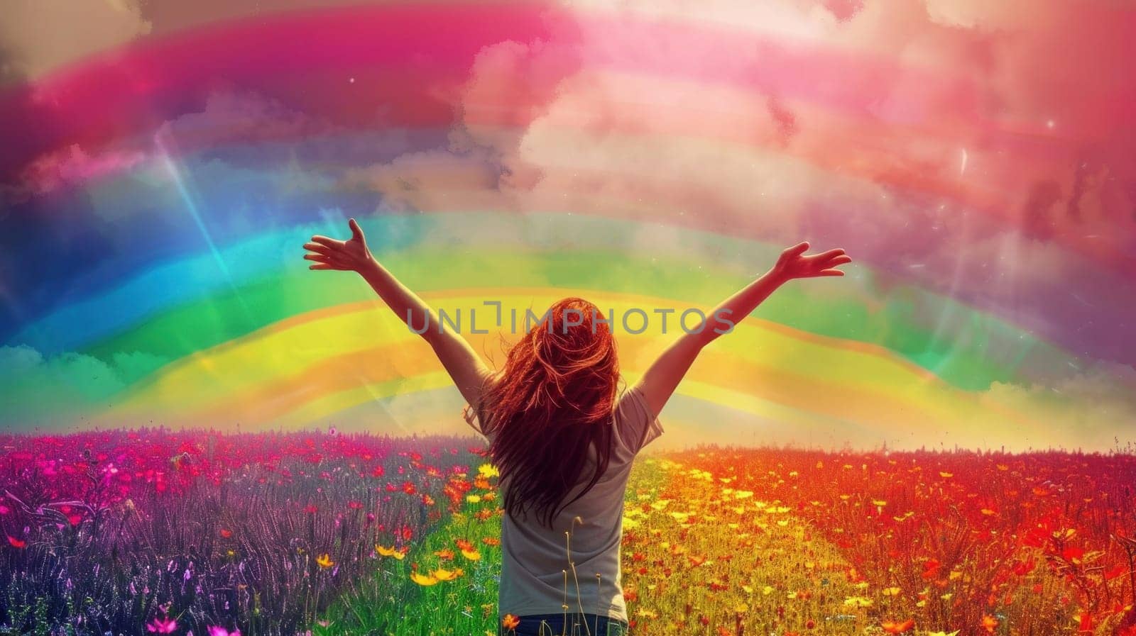 A woman is standing in a field of flowers and holding her arms out, pride day concept by golfmerrymaker
