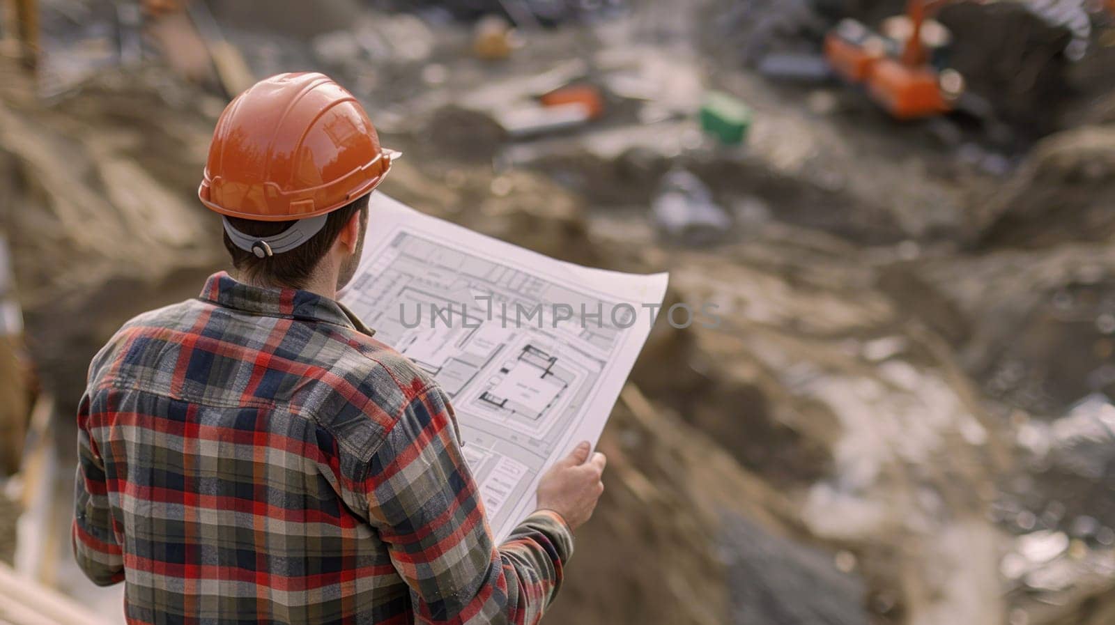 A man wearing a hard hat and a gray suit is looking at a blueprint.