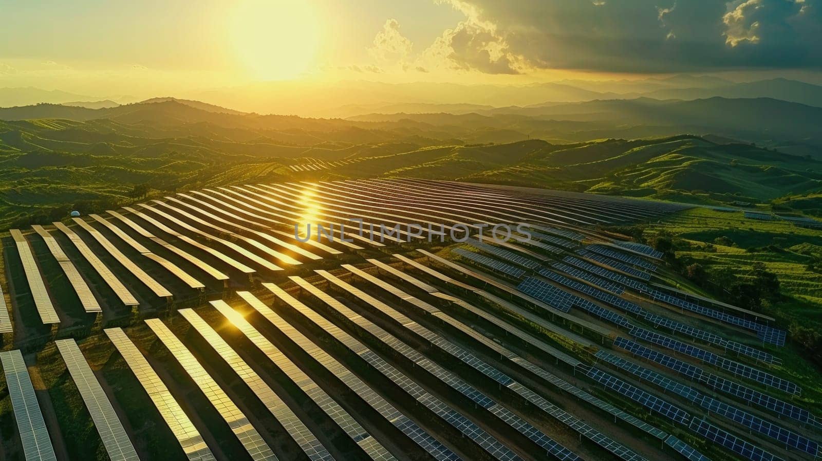 A large field of solar panels is illuminated by the sun. The sun is setting in the background, casting a warm glow over the landscape. The solar panels are arranged in rows