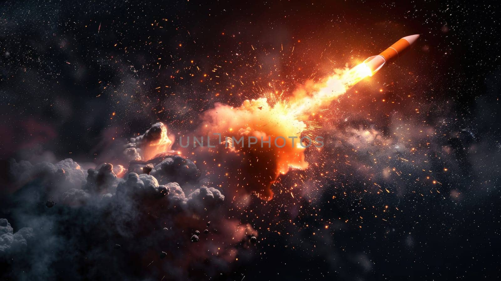 Fire and smoke from a rocket engine on a galaxy background.