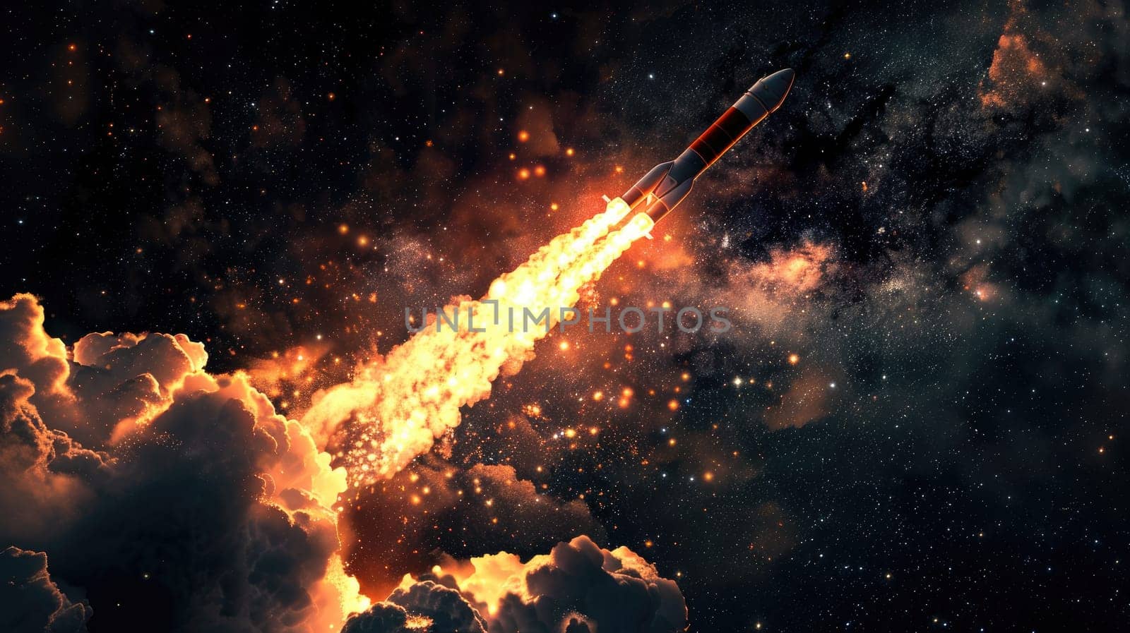 Fire and smoke from a rocket engine on a galaxy background by nijieimu