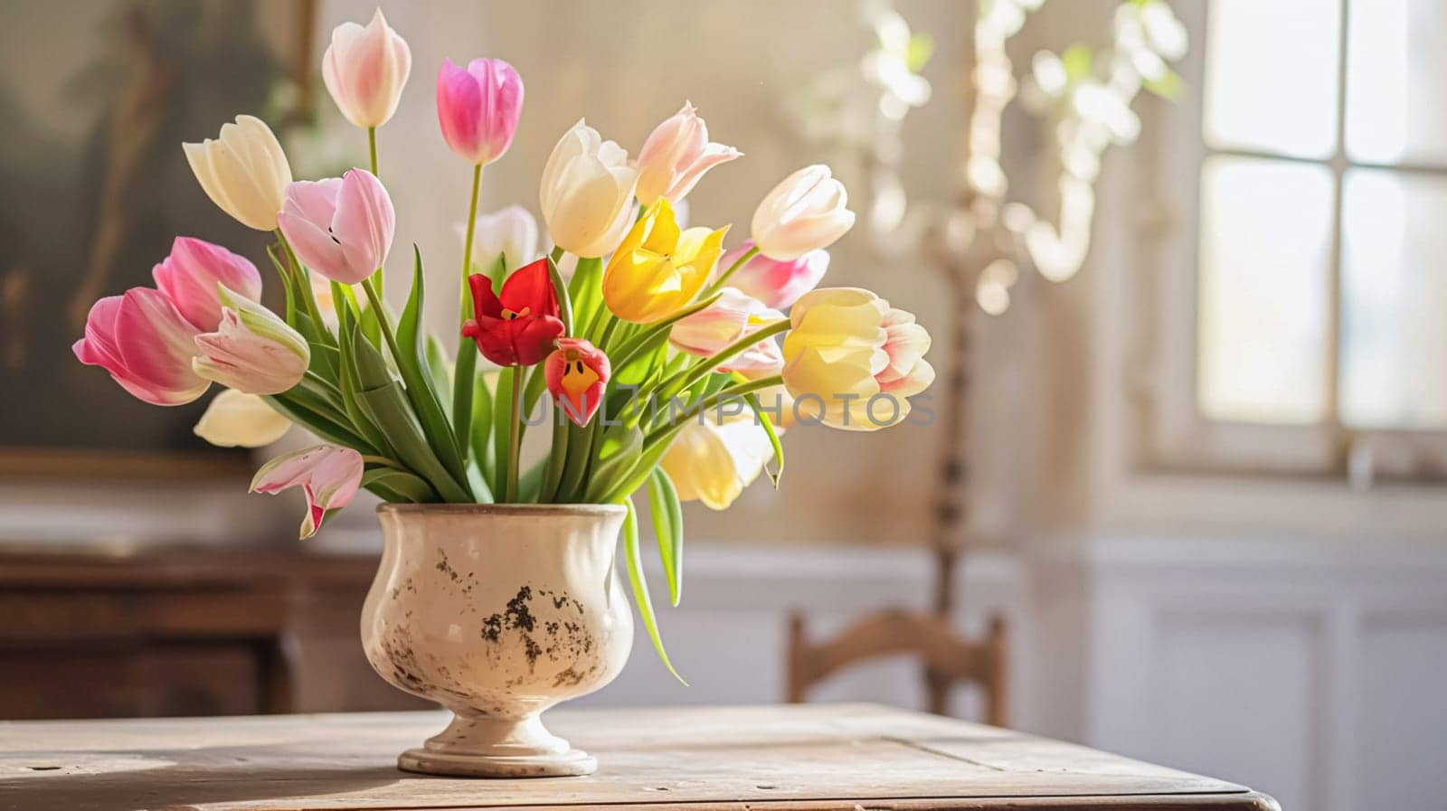 Spring flowers in vintage vase, beautiful floral arrangement, home decor, wedding and florist design