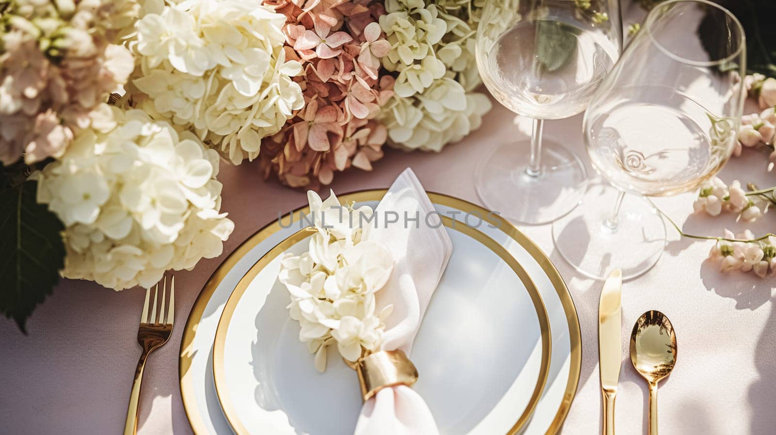 Wedding or formal dinner holiday celebration tablescape with hydrangea flowers in the English countryside garden, table setting and wine, floral table decor for family dinner party, home styling inspiration