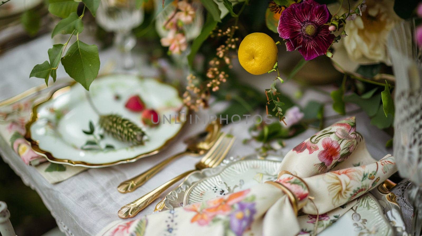 Table decor with fruits in citrus garden, holiday tablescape and dinner table setting, formal event decoration for wedding, family celebration, English country and home styling