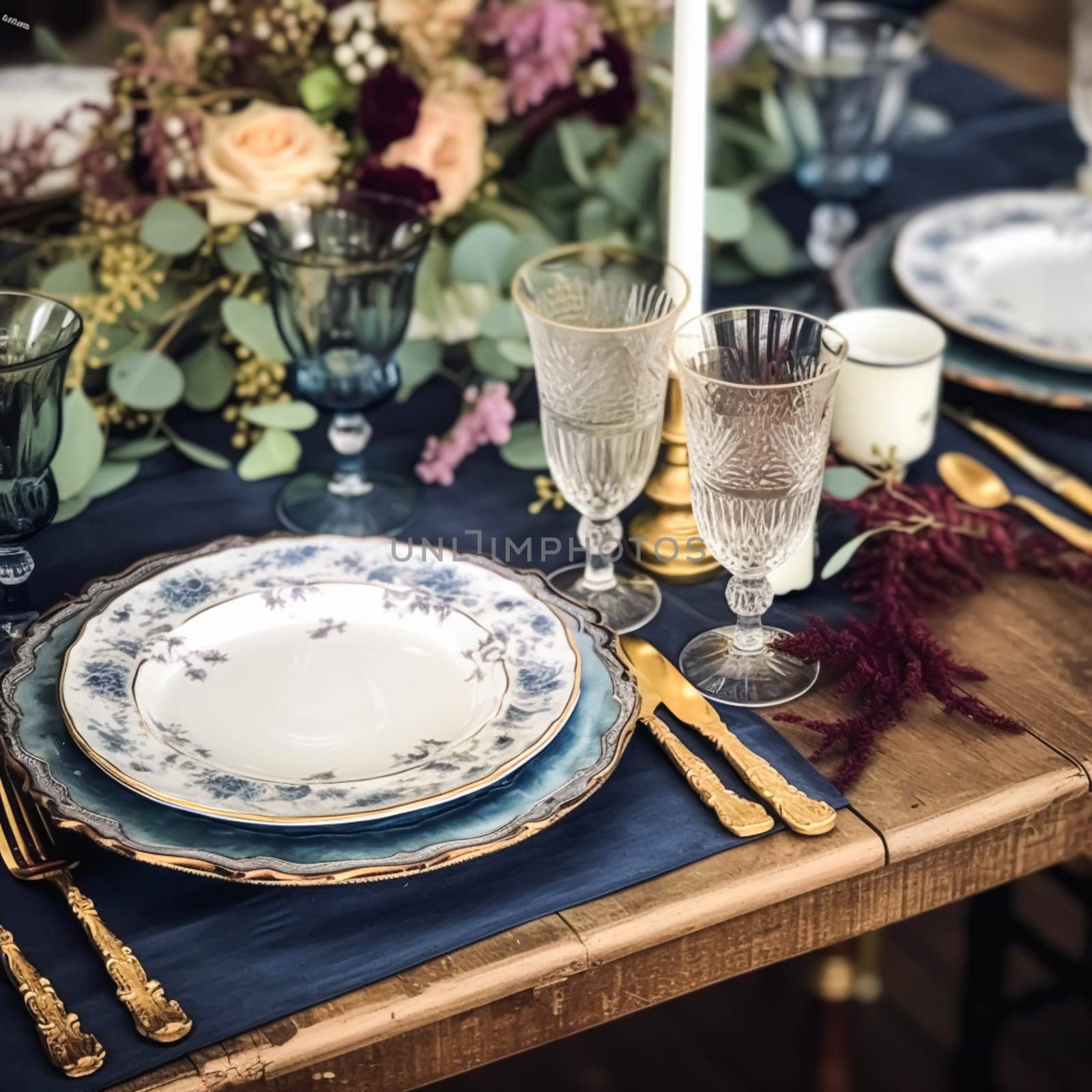 Formal holiday tablescape with blue decor, dinner table setting, table scape with elegant tableware and dinnerware for wedding party and event, generative ai by Anneleven