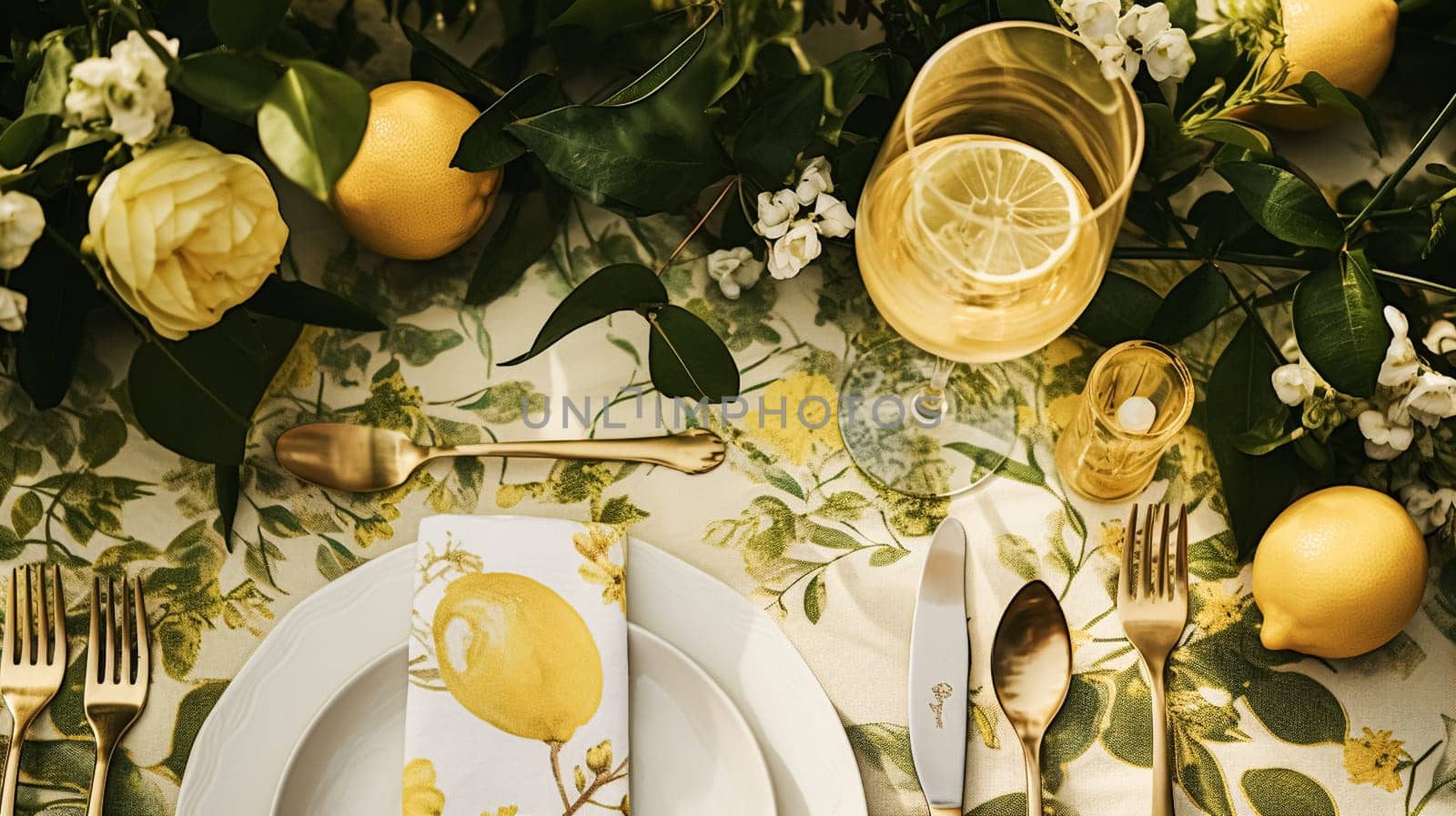 Wedding or formal dinner holiday celebration tablescape with lemons and flowers in the English countryside garden lemon tree, home styling by Anneleven