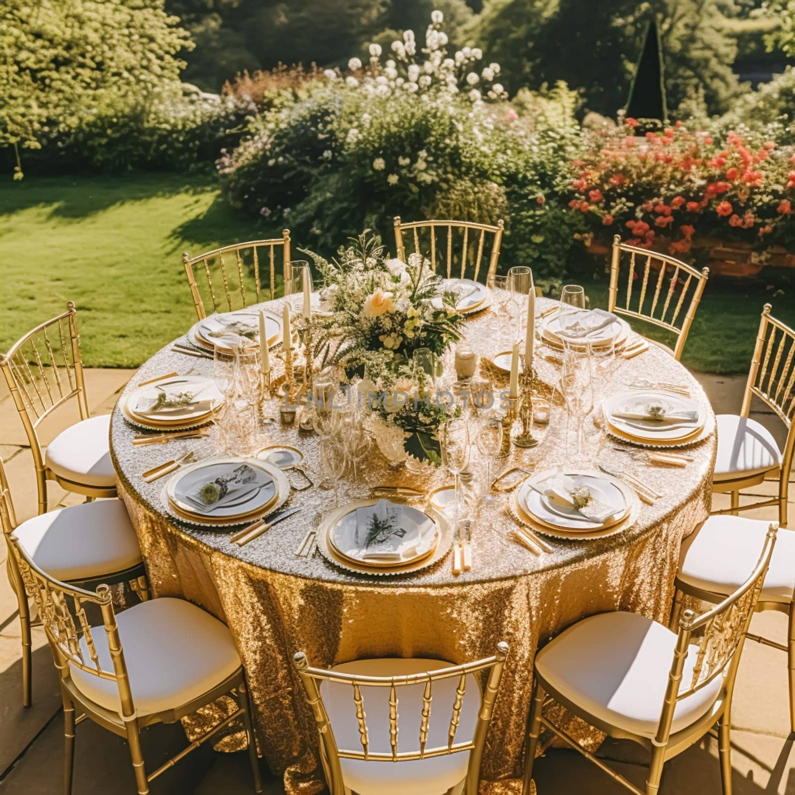 Holiday tablescape, golden formal dinner table setting, table scape with gold decoration for wedding party and event celebration, post-processed, generative ai