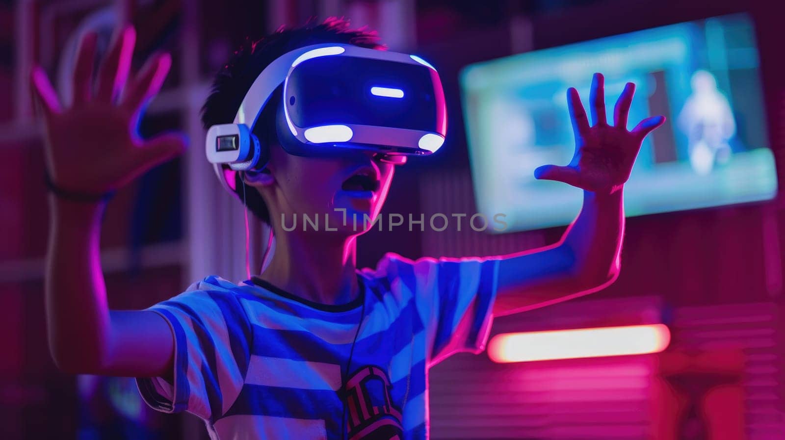 Photo of a young boy wearing futuristic VR goggles and gesturing in the room