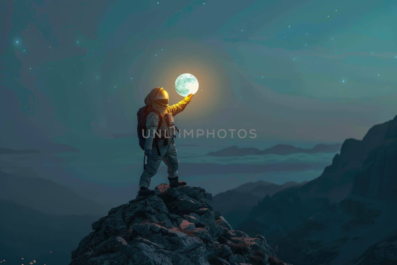 Space suit, standing on top of a mountain, reaching out to touch the full moon.