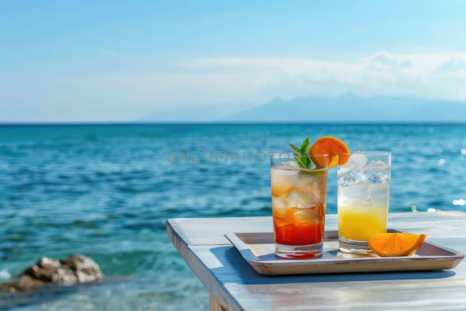 A seaside cocktail on a sunny day. and leave space on the right for the copy area. Highly detailed