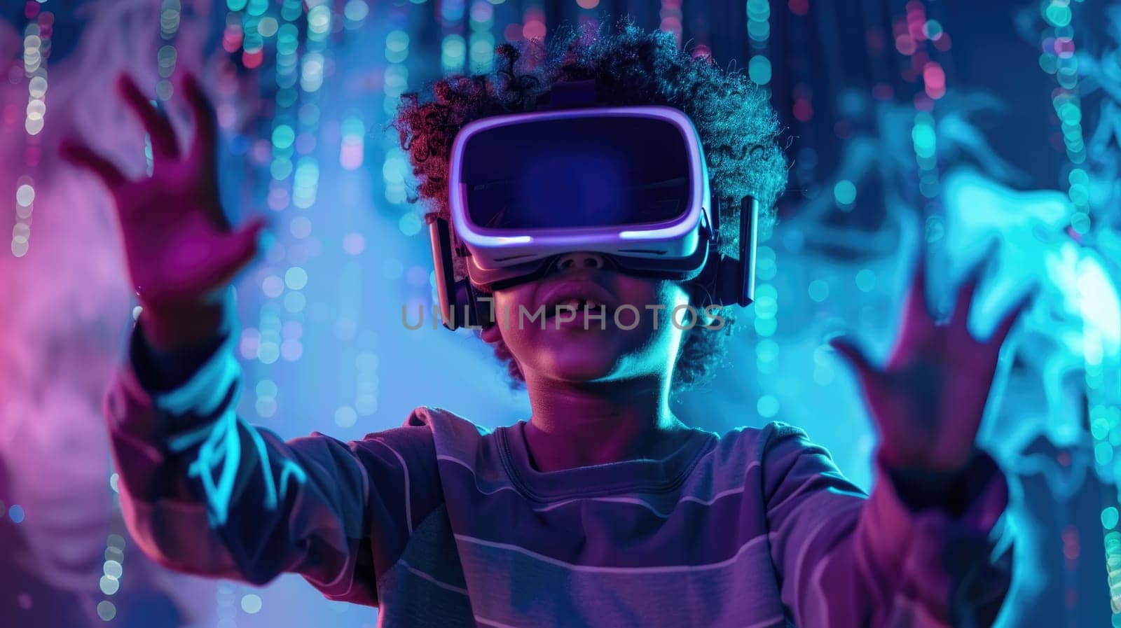 Photo of a young boy wearing futuristic VR goggles and gesturing in the room. by Chawagen