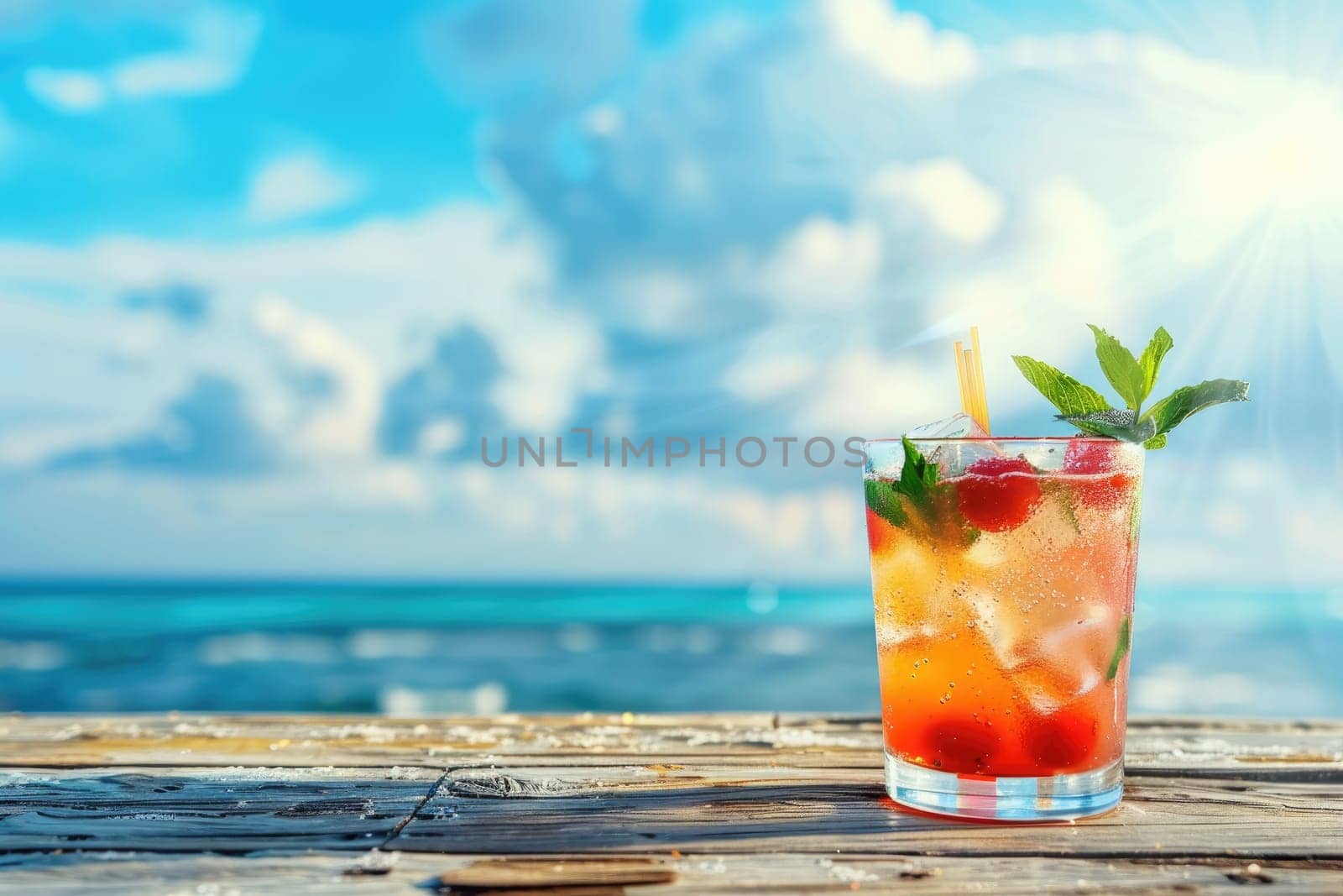 A seaside cocktail on a sunny day. and leave space on the right for the copy area. Highly detailed