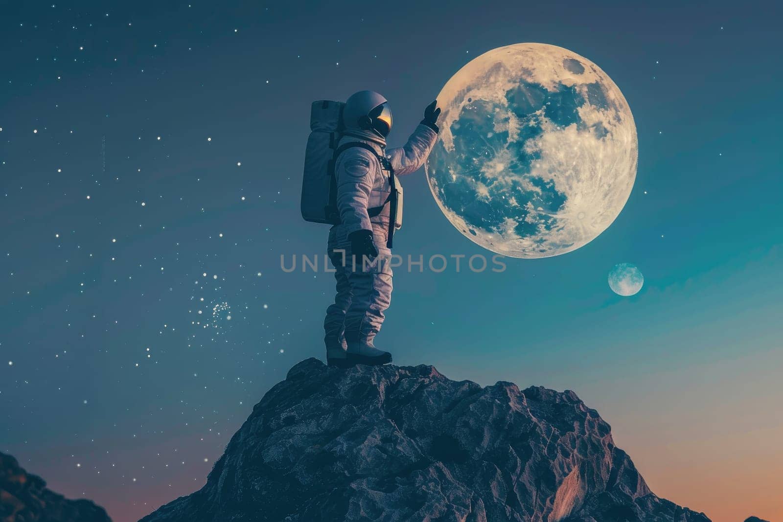 Space suit, standing on top of a mountain, reaching out to touch the full moon.