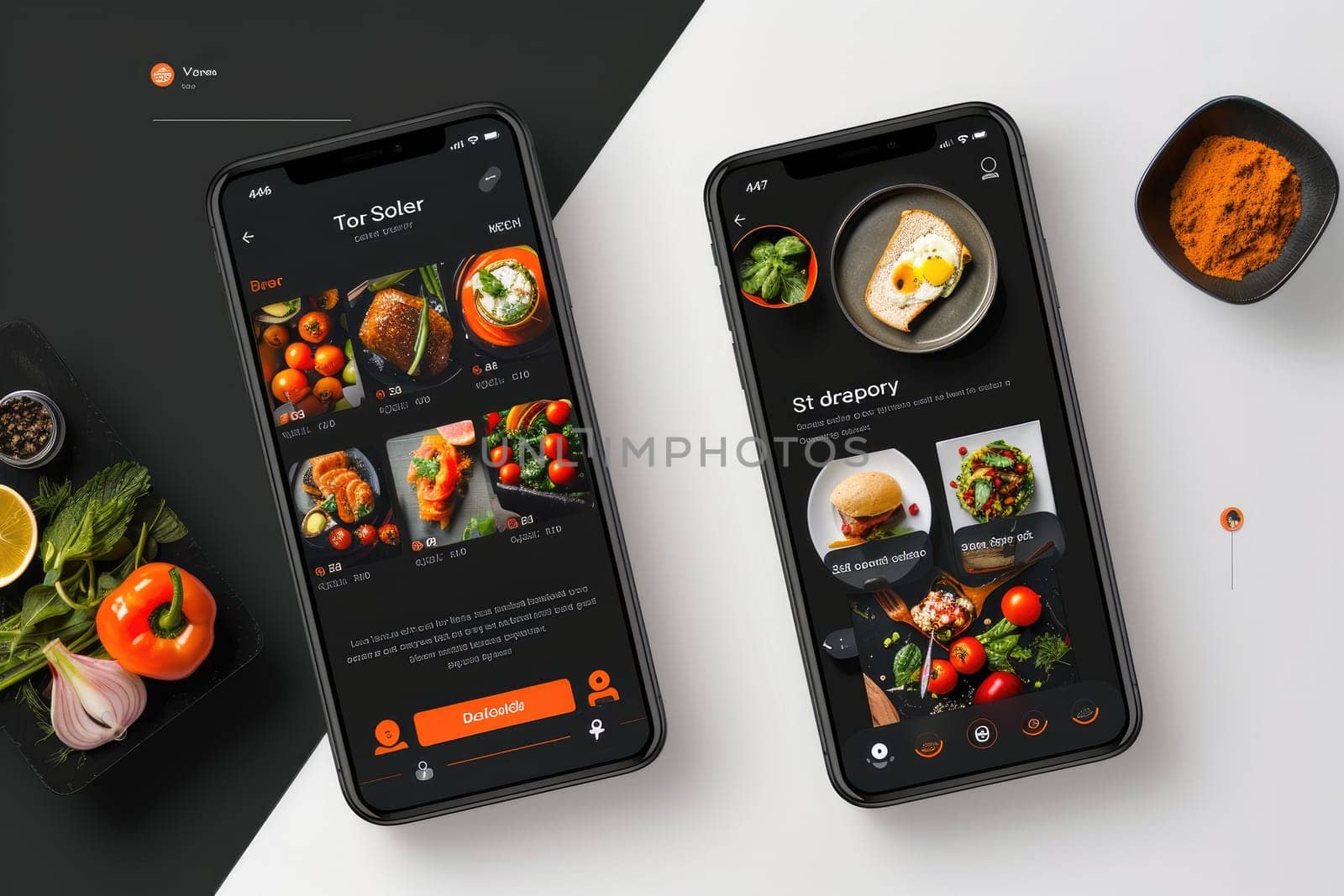 UI Application design for food school, dynaic, black, white, orange and red colors