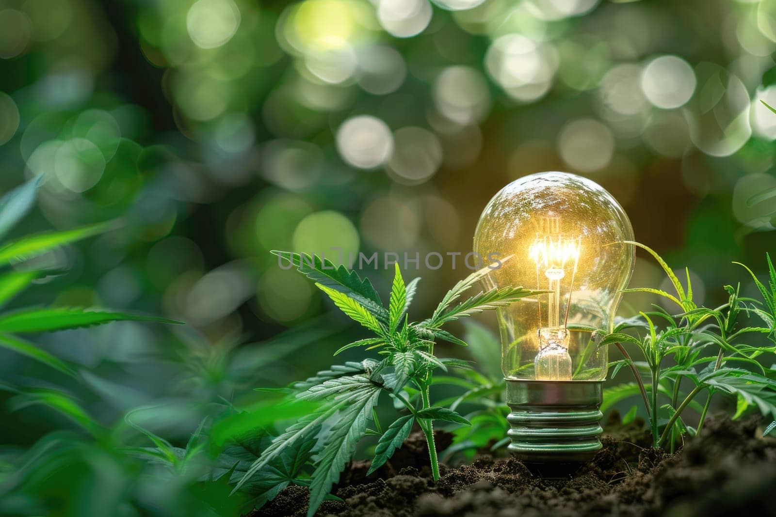 bright Light bulb with home green marijuana and plants