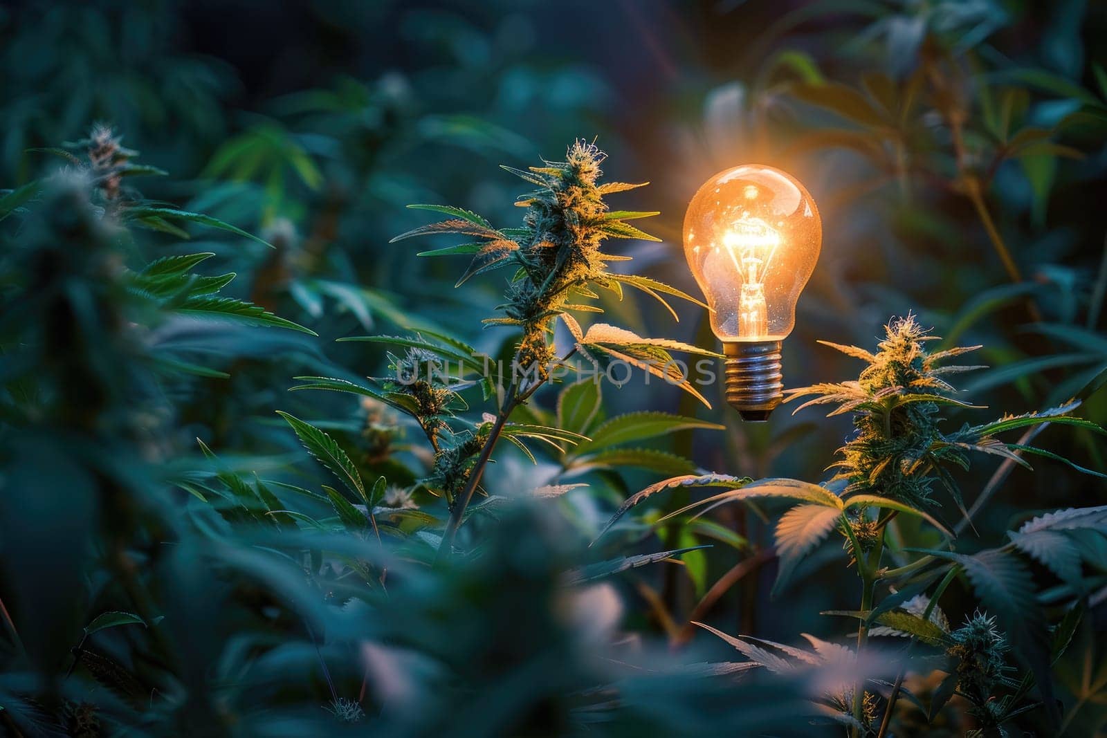 Bright Light bulb with home green marijuana and plants. by Chawagen