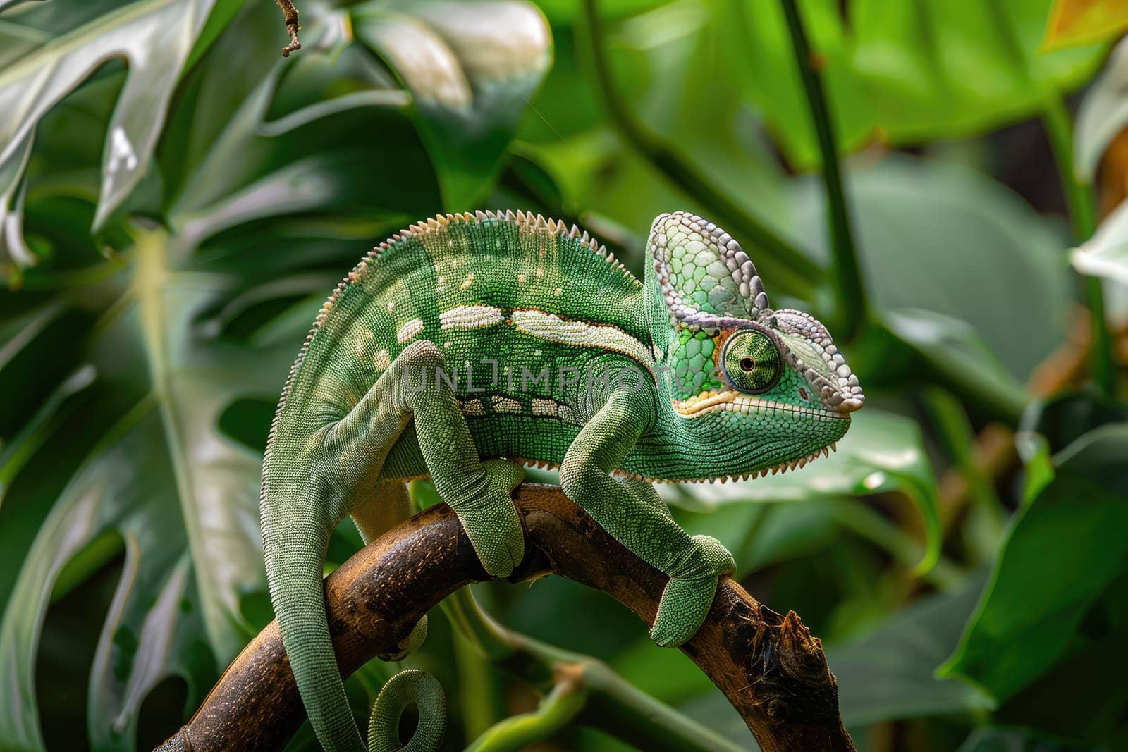 A veiled chameleon perched on a branch, slowly changing its skin color from green to brown as it blends into background by Chawagen