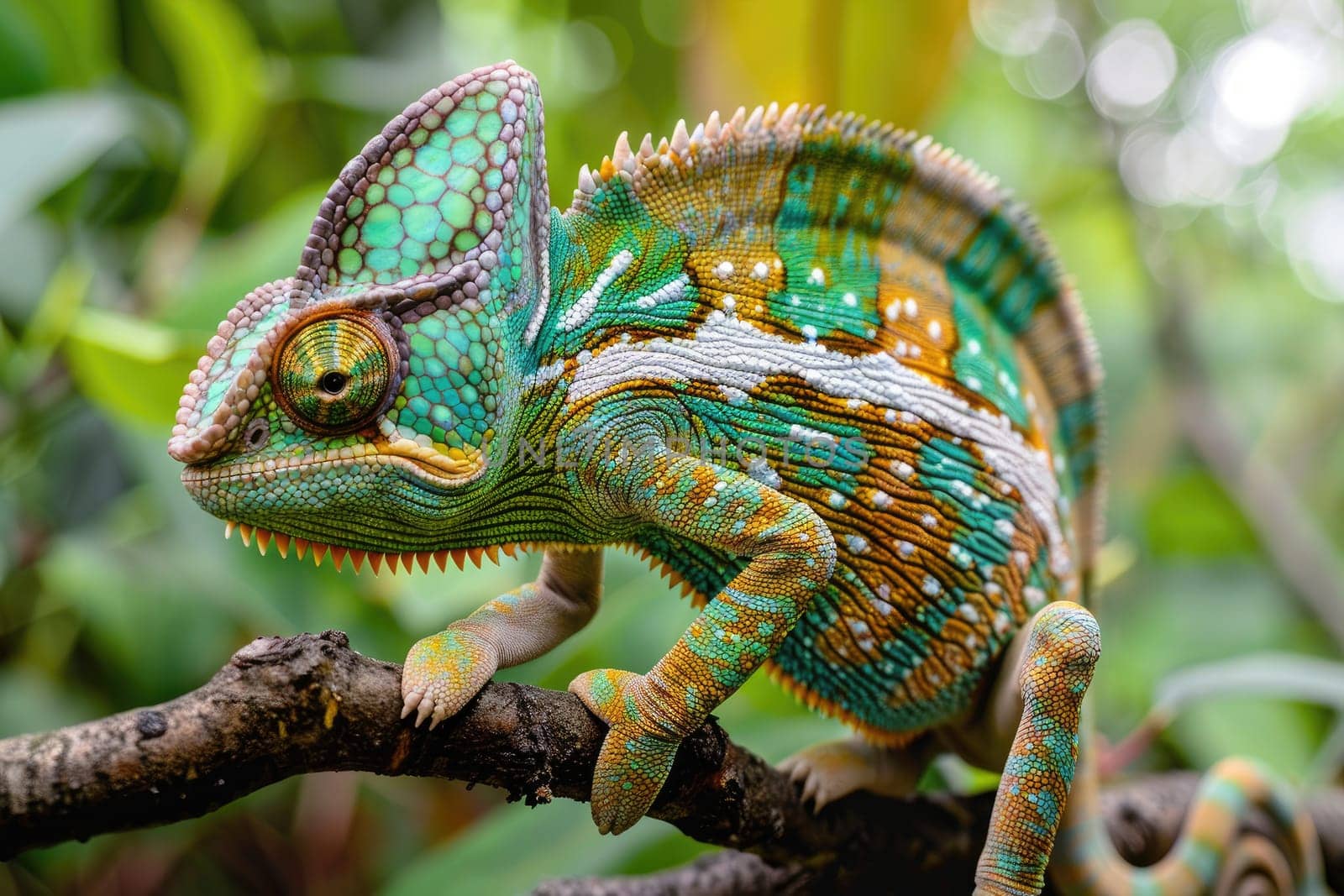 A veiled chameleon perched on a branch, slowly changing its skin color from green to brown as it blends into background by Chawagen